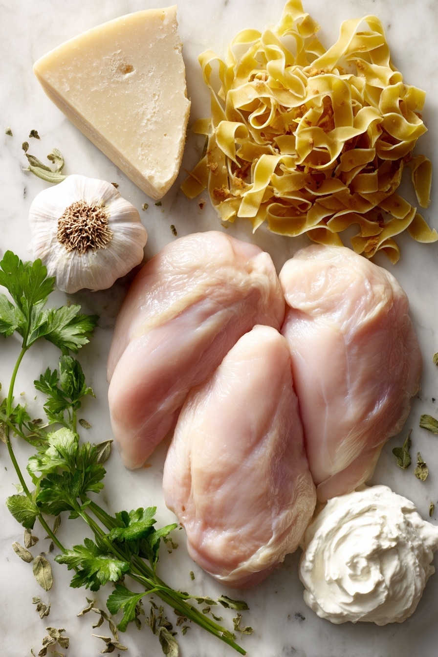 Flat lay of fresh raw chicken breasts with smooth pale pink skin, whole garlic cloves with papery white skins and smooth cloves peeking out, a wedge of creamy pale yellow Parmesan cheese with a textured rind, a small bunch of bright green fresh parsley leaves, a heap of golden uncooked pasta strands, and a small mound of white Greek yogurt with a thick creamy texture, all beautifully arranged with some scattered dried oregano leaves showing earthy green hues, placed on white marbled surface, photo taken with an iphone --ar 2:3 --v 7 - Easy Healthy Chicken Alfredo, healthy chicken Alfredo, light chicken Alfredo with Greek yogurt, quick healthy pasta dinner, low-calorie Alfredo recipe