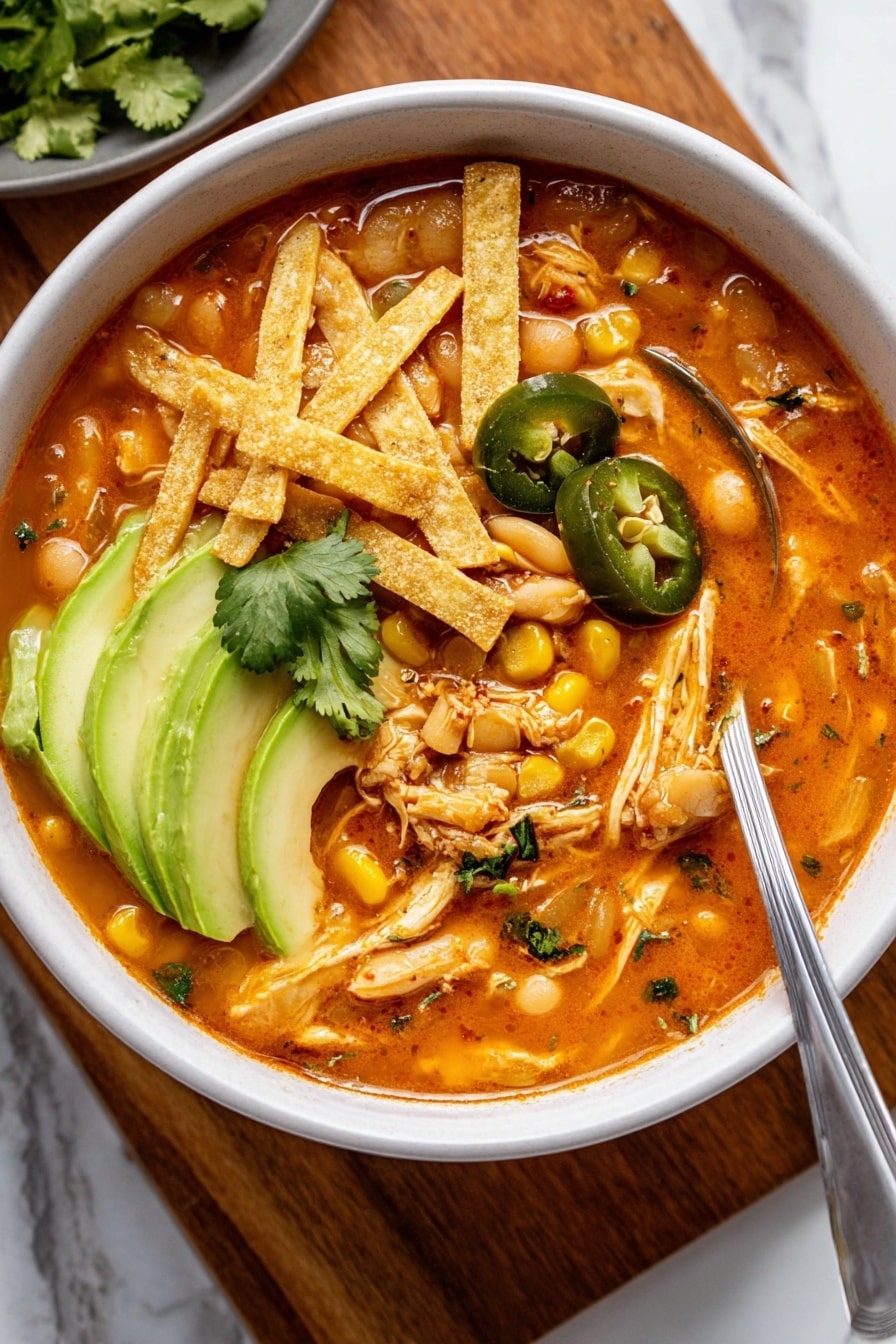 A white bowl filled with thick orange-red soup containing white beans and shredded chicken pieces, topped with three thin crispy tortilla strips placed near the top edge, two green jalapeño slices, and three light green avocado slices on the left side, along with bright green cilantro leaves near the center. The soup looks chunky with corn bits, finely chopped onions, and herbs mixed inside. A silver spoon is inside the bowl on the right, partially submerged in the soup. The bowl is set on a wooden board with a white marbled surface visible beneath it. Photo taken with an iphone --ar 2:3 --v 7 - Creamy White Bean Chicken Enchilada Soup, white bean chicken enchilada soup, crockpot chicken enchilada soup, easy southwestern chicken soup, hearty white bean soup