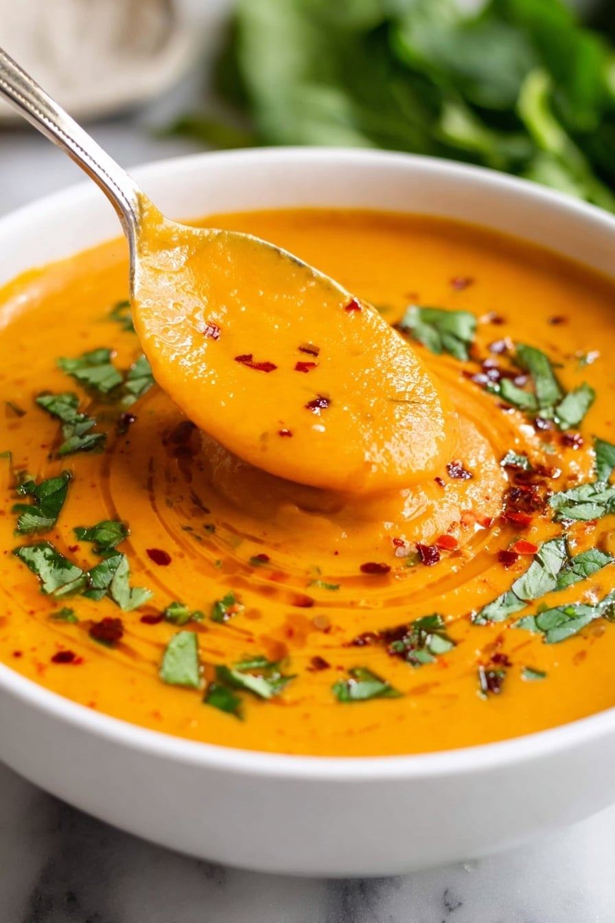 A white bowl filled with smooth orange soup, swirled gently to show a creamy texture, topped with a sprinkle of chopped green cilantro and red chili flakes that add contrast on the surface. A woman's hand is holding a spoon lifting a scoop of the soup from the middle, showing its thickness. Around the bowl, there are pieces of light brown bread, a whole yellow lemon, fresh coriander leaves, garlic cloves, and a small glass bowl with orange lentils, all set on a white marbled surface. Photo taken with an iphone --ar 2:3 --v 7 - Creamy Red Lentil Soup, Red Lentil Soup, One-Pot Lentil Soup, High-Protein Lentil Soup, Easy Lentil Soup