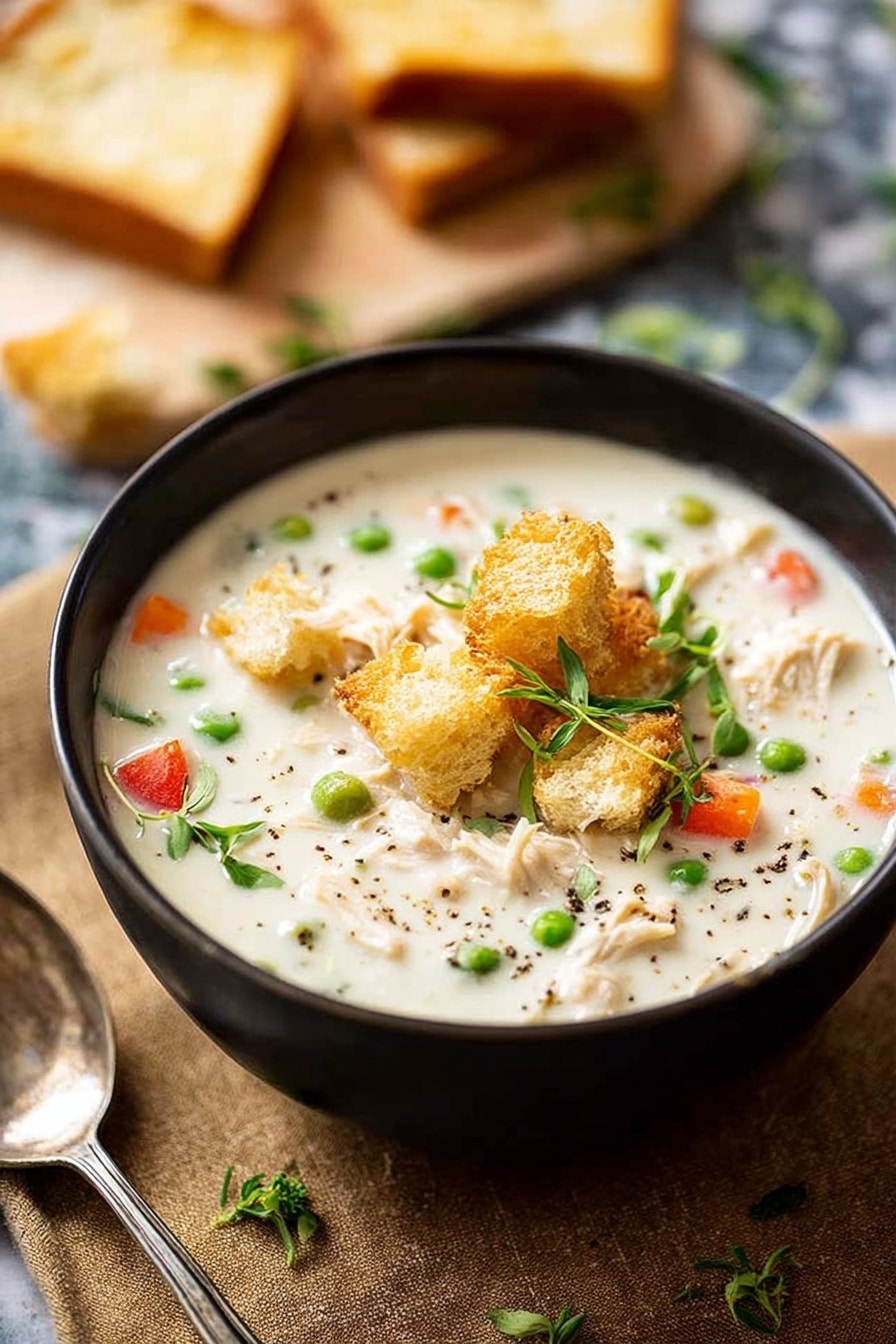 A black bowl sits on a brown textured cloth over a white marbled surface, filled with creamy white soup. The soup has visible green peas, small orange and red vegetable pieces, and white shredded pieces, possibly chicken. On top, there are golden croutons and fresh green herb sprigs scattered. A silver spoon lies to the left of the bowl, and in the blurred background, there are toasted bread triangles on a light wooden surface. photo taken with an iphone --ar 2:3 --v 7 - Homemade Cream of Chicken Soup, homemade chicken soup, easy cream of chicken, homemade soup recipes, comforting chicken soup