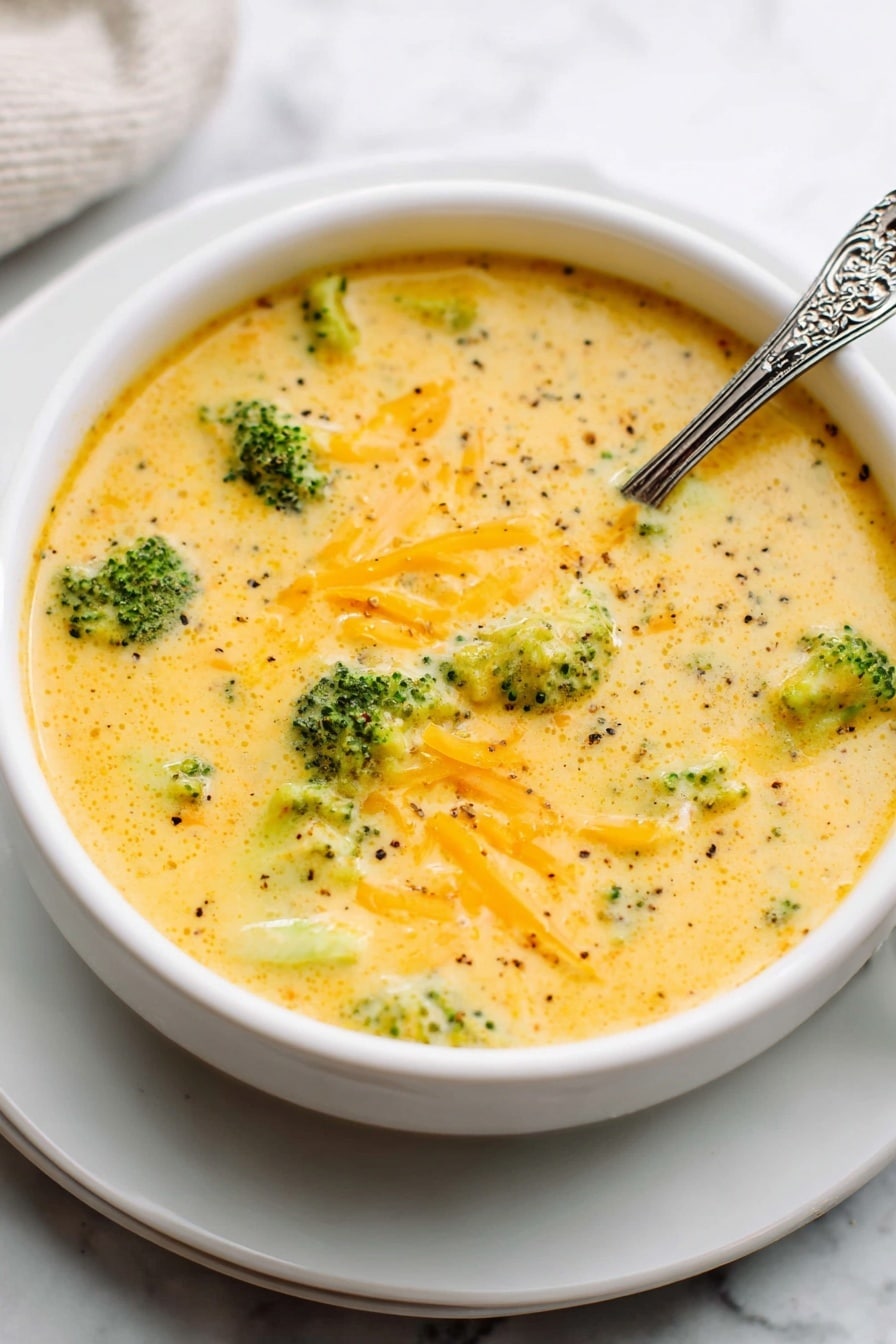 The image shows a white bowl filled with creamy, thick broccoli cheddar soup. The soup has a smooth, yellow-orange base with visible small green broccoli florets and chunks of melted cheddar cheese scattered throughout. A spoon lifting some soup reveals its rich, velvety texture along with bits of broccoli and cheese, with a small sprinkle of black pepper on top. The bowl is set on a white marbled surface. Photo taken with an iphone --ar 2:3 --v 7 - Vegan Broccoli Cheddar Soup, dairy-free broccoli cheese soup, vegan creamy vegetable soup, plant-based broccoli cheddar, easy vegan soup recipes