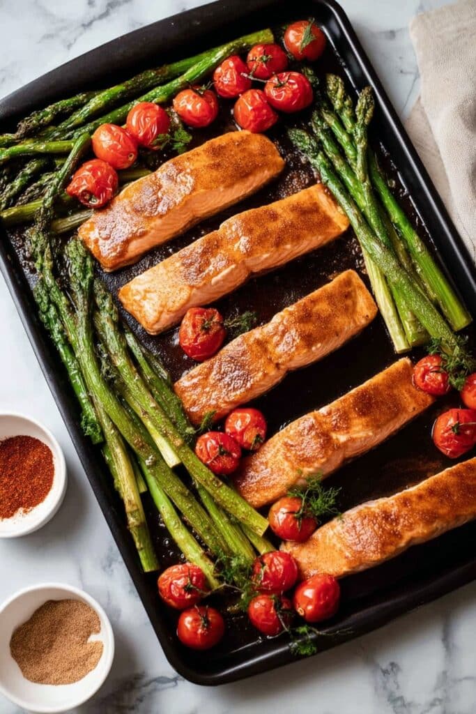 Brown Sugar Broiled Salmon with Roasted Vegetables Recipe