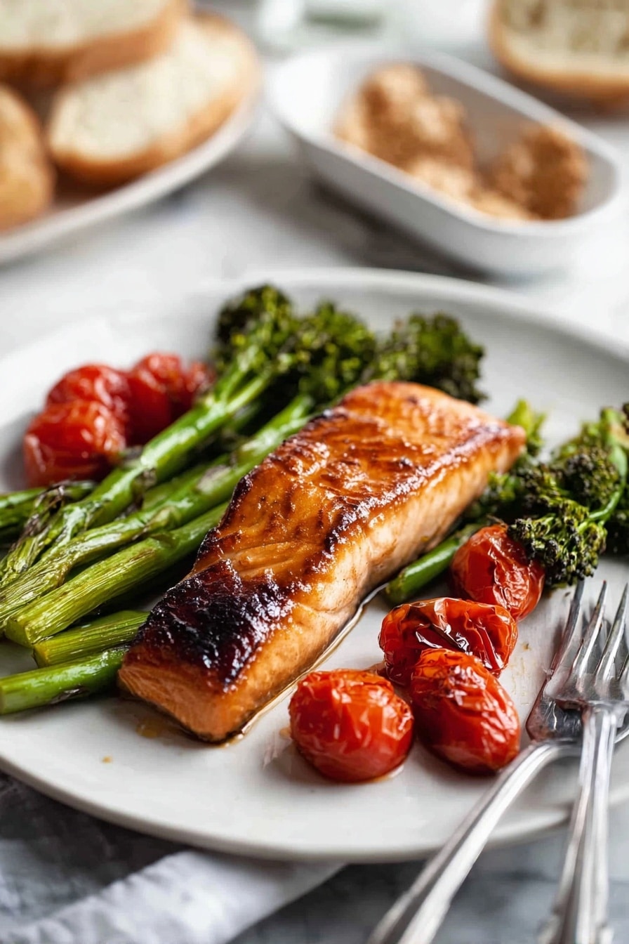 A white plate holds a grilled salmon fillet in the center with a shiny, caramelized brown surface showing grill marks. Underneath and around the salmon are green asparagus and broccolini with a slightly charred texture. Bright red roasted cherry tomatoes, some whole and some halved, are scattered on the plate around the vegetables and fish. A silver fork rests on the right side of the plate, its tip near the salmon. The plate sits on a white marbled surface. In the blurred background, there is a white dish with brown crumbs and some slices of a white baguette. photo taken with an iphone --ar 2:3 --v 7 - Brown Sugar Broiled Salmon with Roasted Vegetables, easy healthy salmon dinner, quick salmon recipes, caramelized salmon glaze, weeknight salmon meal