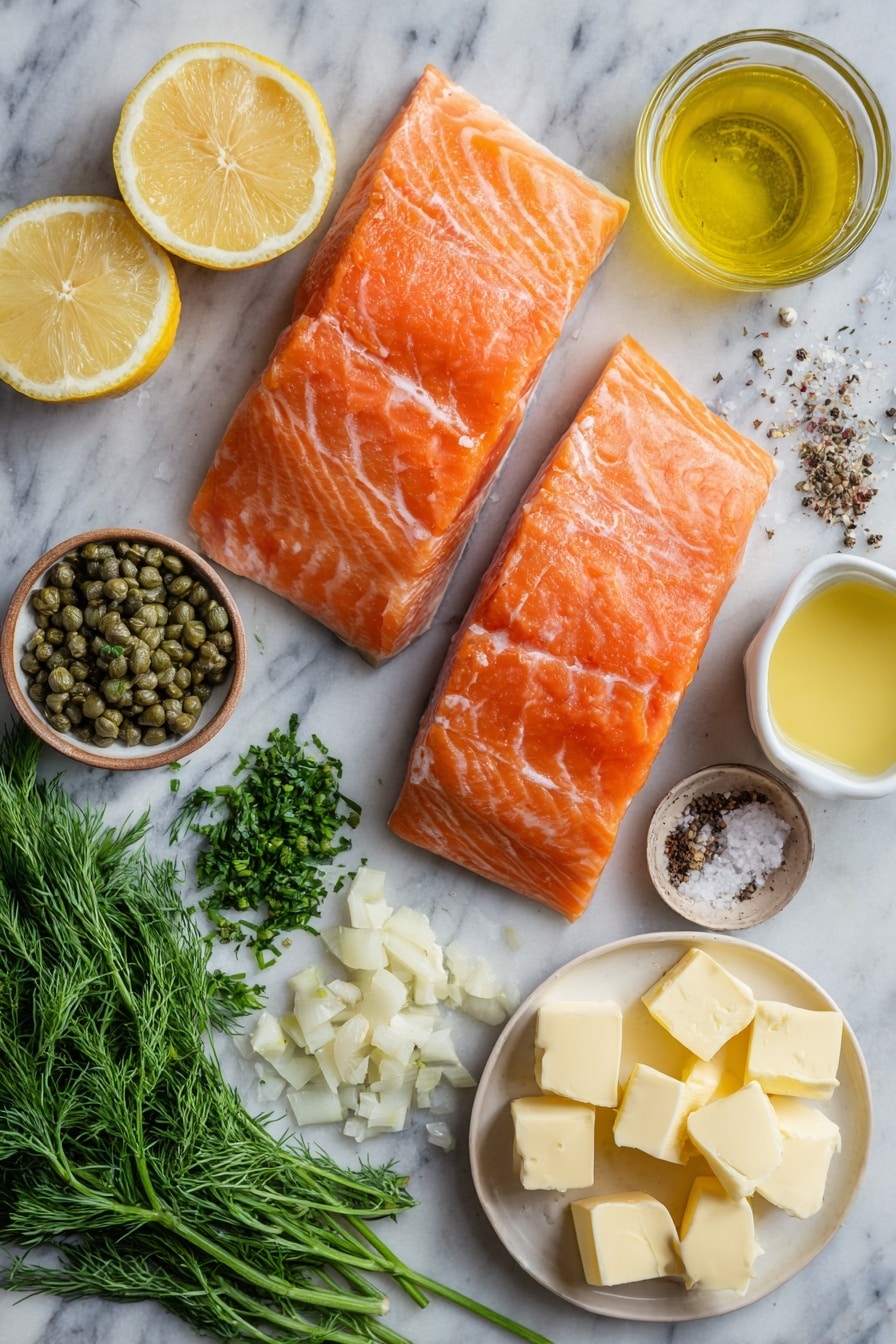 Flat lay of two large skinless salmon fillets, three garlic cloves finely chopped, a small dish of capers, several pieces of cold unsalted butter cut into cubes, a small bowl of chicken broth, a quarter glass of white wine, a lemon sliced showing zest and juice, a small pile of fresh chopped dill and parsley, salt and black pepper scattered artistically, placed on a white marble surface, photo taken with an iphone --ar 2:3 --v 7 - Salmon Piccata, salmon piccata lemon sauce, crispy salmon with capers, healthy seafood dinner, quick salmon recipes