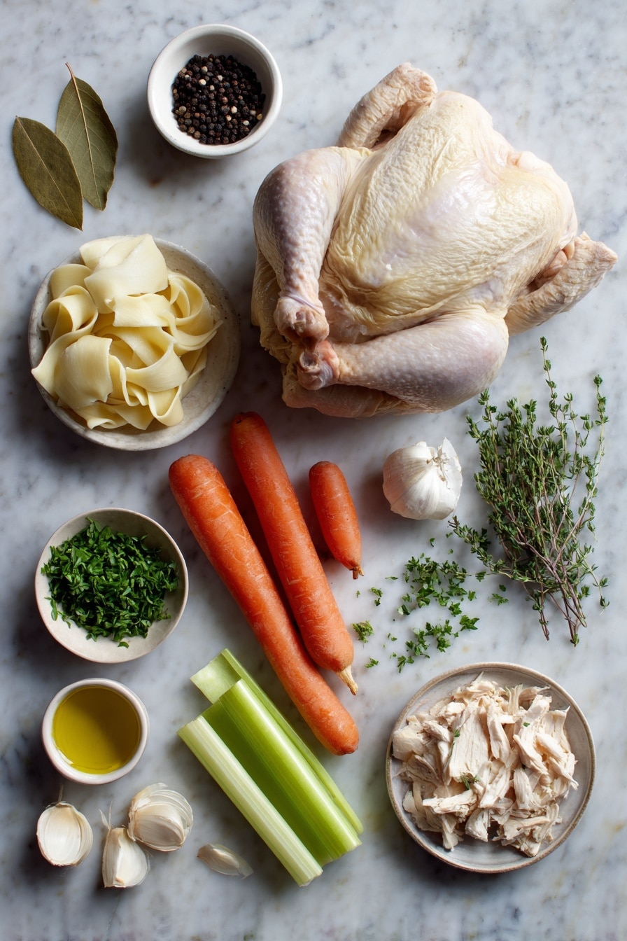 Flat lay of one whole fresh chicken, a halved head of garlic, two whole carrots cut into chunks, two celery ribs in large pieces, two quartered onions, a small bowl of black peppercorns, two bay leaves, four sprigs of thyme, a small dish of olive oil, a few minced garlic cloves, a handful of shredded chicken, a small pile of egg noodles, and a scattering of chopped parsley placed on a white marble surface, photo taken with an iphone --ar 2:3 --v 7 - Homemade Chicken Noodle Soup from Scratch, homemade chicken noodle soup, scratch-made chicken soup, homemade chicken soup recipe, comforting chicken noodle soup
