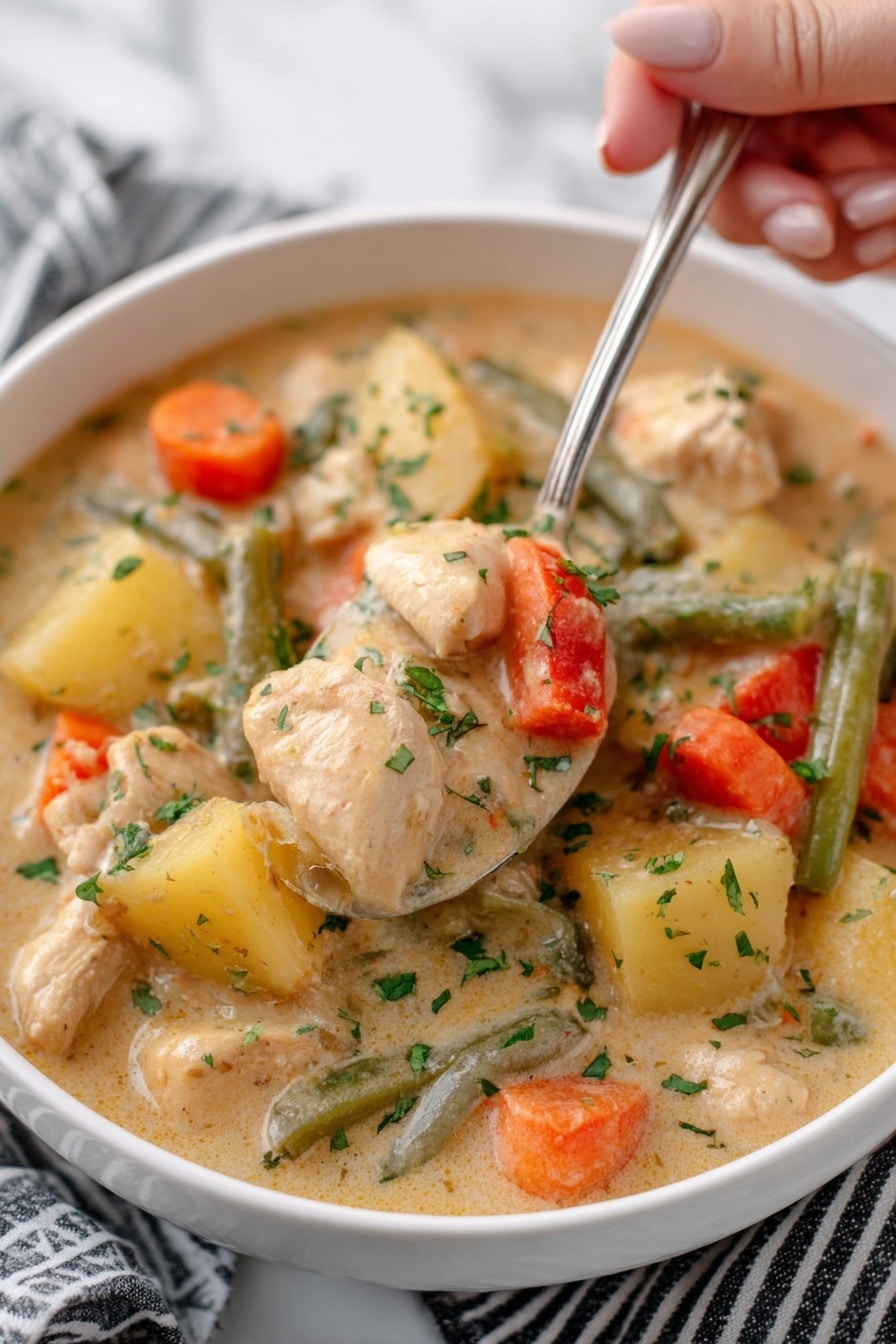 The image shows a close-up of a white bowl filled with creamy chicken stew. The stew has several visible layers: chunks of cooked chicken, orange carrot pieces, green beans, yellow potato cubes, and small bits of red bell pepper. The sauce is light beige, thick, and creamy, coating all the ingredients. The stew is garnished with chopped green herbs scattered on top. A silver ladle is scooping up a mix of chicken, vegetables, and sauce, held by a woman's hand. The background is a white marbled surface with a black and white striped cloth partly visible under the bowl. photo taken with an iphone --ar 2:3 --v 7 - Hearty Chicken and Root Vegetable Stew, comforting chicken stew with root vegetables, easy chicken and veggie stew, cozy chicken stew recipe, nourishing root vegetable stew