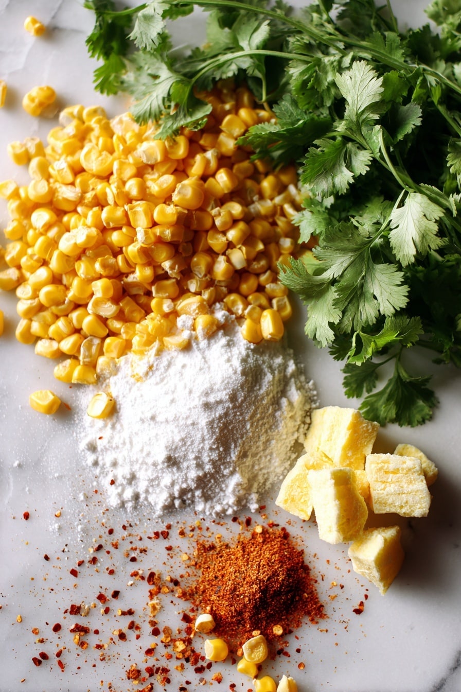 Flat lay of fresh yellow corn kernels, bright green cilantro leaves, vibrant lime zest, golden butter chunks, and a small mound of white cornstarch powder, with a sprinkle of red cayenne pepper flakes scattered artfully, all placed on a white marble surface, photo taken with an iphone --ar 2:3 --v 7 - Cilantro-Lime Instant Pot Creamed Corn, easy cilantro lime creamed corn, quick Instant Pot corn side dish, flavorful creamed corn with lime and cilantro, beginner-friendly creamed corn recipe