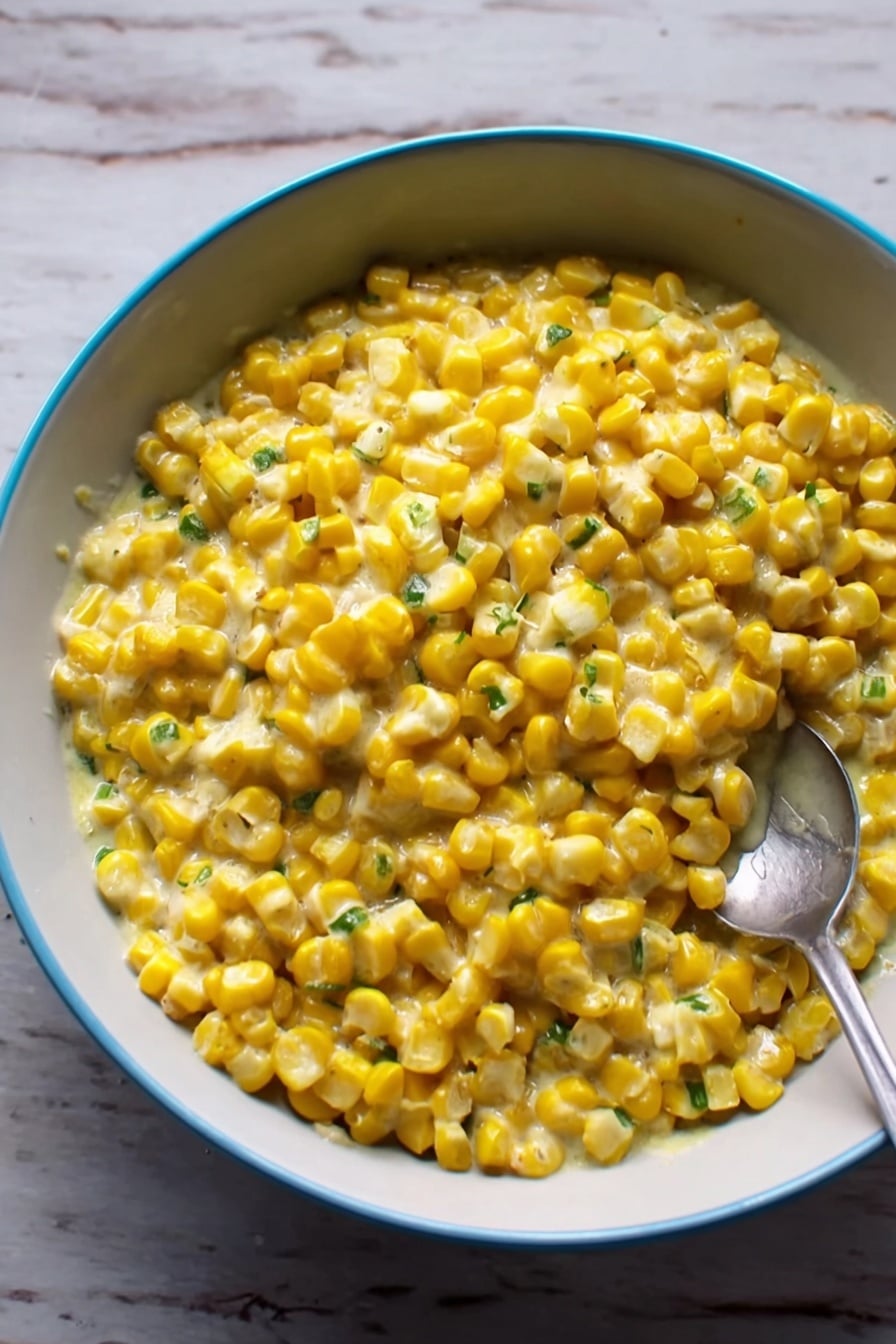 A bowl filled with cooked yellow corn kernels mixed in a creamy sauce with small green herb pieces, the bowl is white with a light blue rim, and a spoon resting inside slightly on the right side. The bowl sits on a white marbled surface. photo taken with an iphone --ar 2:3 --v 7 - Cilantro-Lime Instant Pot Creamed Corn, easy cilantro lime creamed corn, quick Instant Pot corn side dish, flavorful creamed corn with lime and cilantro, beginner-friendly creamed corn recipe