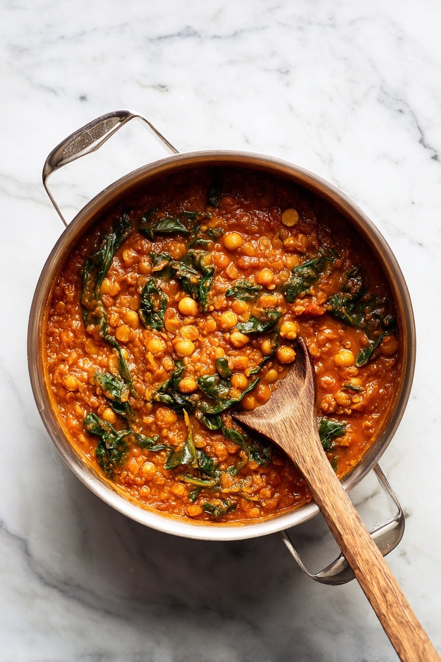 A top view of a large silver pot filled with a thick stew made of red lentils, chickpeas, and small pieces of leafy greens mixed in a rich reddish-orange sauce. A rustic wooden spoon rests inside the pot on the right side, partially covered in the stew. The pot is placed on a dark wooden surface with visible grain and texture. photo taken with an iphone --ar 2:3 --v 7 - Harira Moroccan Lentil and Chickpea Soup, Moroccan Lentil and Chickpea Soup, Warm Spices Soup, Healthy Moroccan Soup, Hearty Lentil and Chickpea Soup