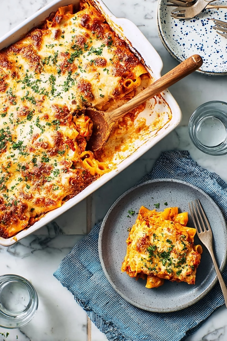 The image shows a large white baking dish filled with baked pasta topped with a golden, slightly browned cheese layer that is sprinkled with green herbs. A wooden spoon with a light brown handle is scooping some pasta from the dish. Next to the dish, on a white marbled surface with a blue and white textured cloth underneath, there is a grey plate holding a square piece of the pasta bake, showing layers of orange pasta, red sauce, melted cheese, and green herbs on top. A metal fork rests beside the plate and a clear glass of water is nearby. In the background, a white plate with blue speckles and a fork sit on the white marbled surface. photo taken with an iphone --ar 2:3 --v 7 - Crowd-Pleasing Baked Ziti with Spicy Italian Sausage and Creamy Pecorino, baked ziti with sausage, Italian baked ziti recipe, cheesy baked pasta, crowd-pleasing pasta dish