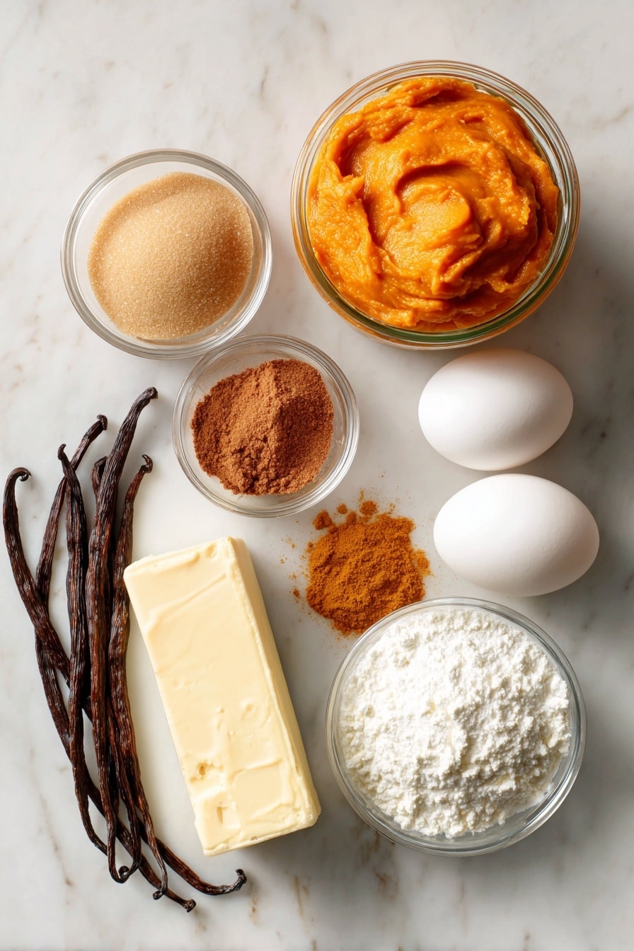 Flat lay of bright orange pumpkin purée in a glass jar, a small mound of warm brown sugar, a stick of creamy unsalted butter, two large fresh eggs, a block of smooth cream cheese, a pile of sifted white confectioners’ sugar, golden pumpkin pie spice scattered artistically, and vanilla beans arranged neatly, placed on a white marble surface, photo taken with an iphone --ar 2:3 --v 7 - Easy Pumpkin Whoopie Pies, pumpkin whoopie pies, fall dessert recipes, pumpkin spice treats, homemade pumpkin cookies