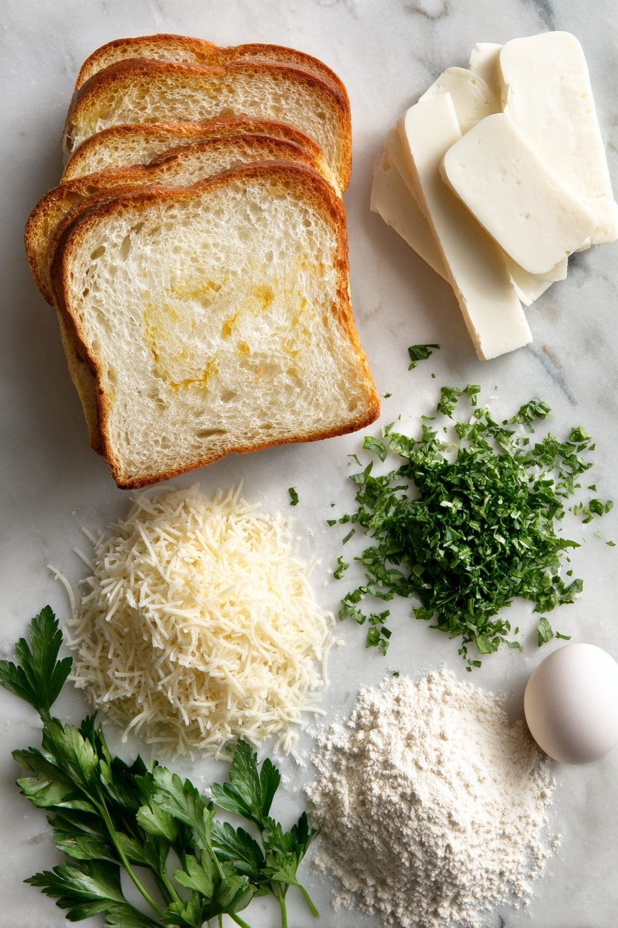 Flat lay of thick white bread slices with crusts removed, thick quarter-inch mozzarella cheese slices stacked neatly, a small pile of beaten eggs with flecks of chopped fresh parsley, a heap of finely grated Pecorino Romano cheese, a small mound of all-purpose flour dusted lightly, and fresh sprigs of bright green parsley leaves, placed on a white marble surface, photo taken with an iphone --ar 2:3 --v 7 - Creamy Lemon Garlic Parmesan Shrimp, Lemon Garlic Shrimp, Shrimp Recipes, Seafood Dinner Ideas, Elegant Shrimp Dishes
