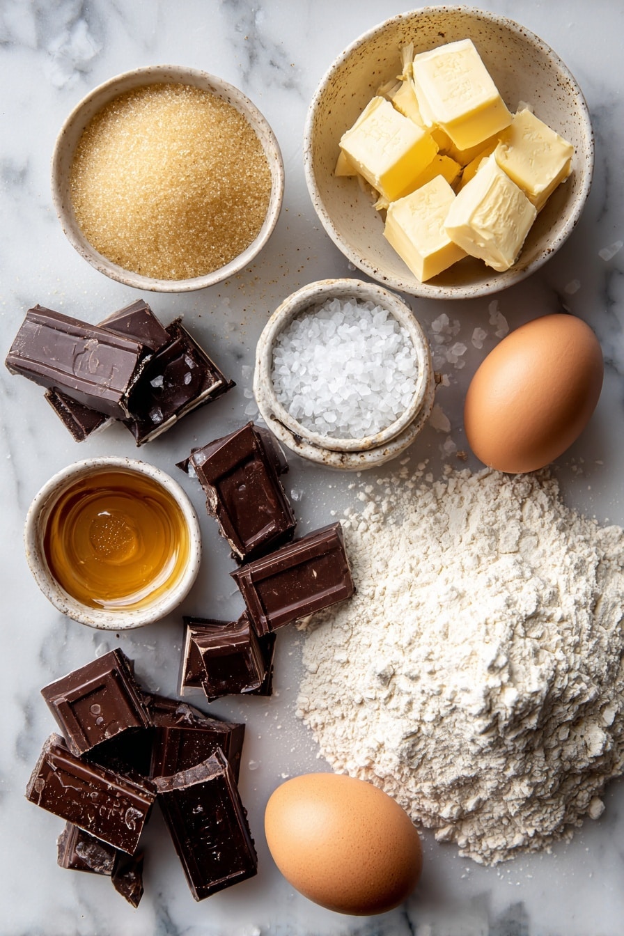 Flat lay of rich golden salted butter chunks, deep dark brown sugar crystals, light golden honey drizzle, smooth vanilla beans, plump large fresh egg, rustic coarse all-purpose flour mound, glossy dark chocolate chunks, and delicate flakes of sea salt, all beautifully arranged in an inviting pattern placed on a white marble surface, photo taken with an iphone --ar 2:3 --v 7 - The BEST Chocolate Chip Cookies Bakery Style, homemade chocolate chip cookies, crispy chewy chocolate chip cookies, bakery style cookie recipe, easy chocolate chip cookies