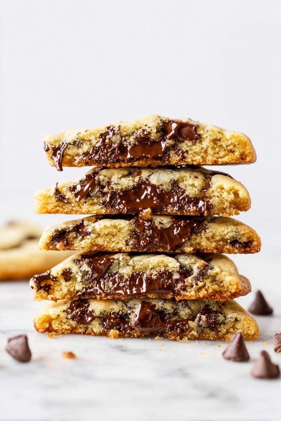 A stack of five chocolate chip cookie halves is shown upright on a white marbled surface, with each cookie layer visible in detail. The cookies are golden brown with a soft texture and are filled with melted dark chocolate chips that spread unevenly through each layer. The top cookie is slightly rounded with gooey chocolate chunks, and the sides of each cookie reveal crumbly edges. Scattered chocolate chips lie around the base of the stack. The background is plain white, making the cookies the main focus. Photo taken with an iphone --ar 2:3 --v 7 - Bakery Style Chocolate Chip Cookies, Thick Chewy Cookies, Homemade Chocolate Chip Cookies, Soft Bakery Cookies, Best Chocolate Chip Cookies