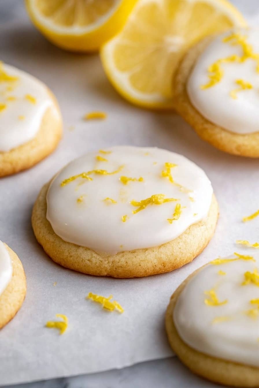 The image shows round soft cookies on white parchment paper over a white marbled surface. Each cookie has two layers: a pale golden soft cookie base and a smooth white icing layer on top, which looks glossy and slightly thick. Small bright yellow lemon zest pieces are scattered on the icing and around the cookies. In the background, there are two halves of a yellow lemon, adding color and context to the scene. The lighting is soft and bright, emphasizing the texture and freshness of the cookies and lemon. photo taken with an iphone --ar 2:3 --v 7 - Lemon Meltaway Cookies, lemon cookies, buttery cookies, citrus cookie recipes, meltaway cookies