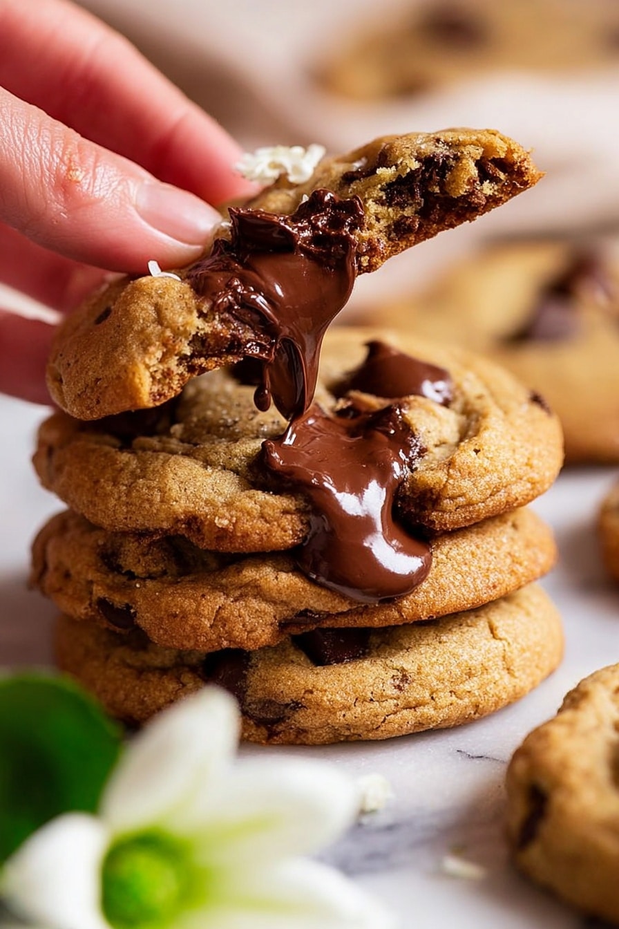 A close-up view of a stack of soft, golden brown chocolate chip cookies resting on a white marbled surface, with the top cookie being held and pulled apart by a woman's hand, revealing melted, smooth dark chocolate flowing out from the center. The cookies have a slightly crumbly texture with visible shiny chocolate chips embedded on the surface. A blurred green and white flower decoration sits in the foreground, adding a soft touch to the warm, inviting scene. photo taken with an iphone --ar 2:3 --v 7 - Nutella Stuffed Cookies, Nutella stuffed cookies recipe, chocolate-filled cookie recipe, gooey Nutella cookies, easy Nutella cookie recipe
