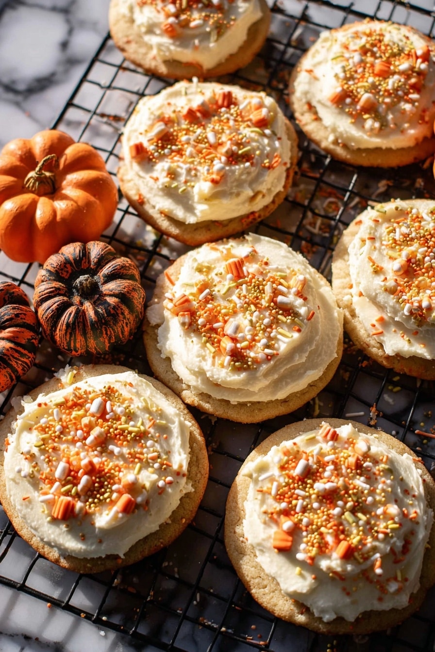 The image shows seven round cookies with a light brown base topped with a thick, creamy layer of white frosting spread unevenly on each cookie. On top of the frosting, there are various small sprinkles in orange, white, and gold, some shaped like mini pumpkins and others like tiny rods or balls, all scattered across the surface. The cookies are placed on a black wire cooling rack, and there are two small decorative pumpkins with dark orange and brown hues positioned among the cookies. The background surface is a white marbled texture. photo taken with an iphone --ar 2:3 --v 7 - Frosted Soft Pumpkin Sugar Cookies, pumpkin sugar cookies, soft fall cookies, pumpkin dessert recipes, easy pumpkin cookies