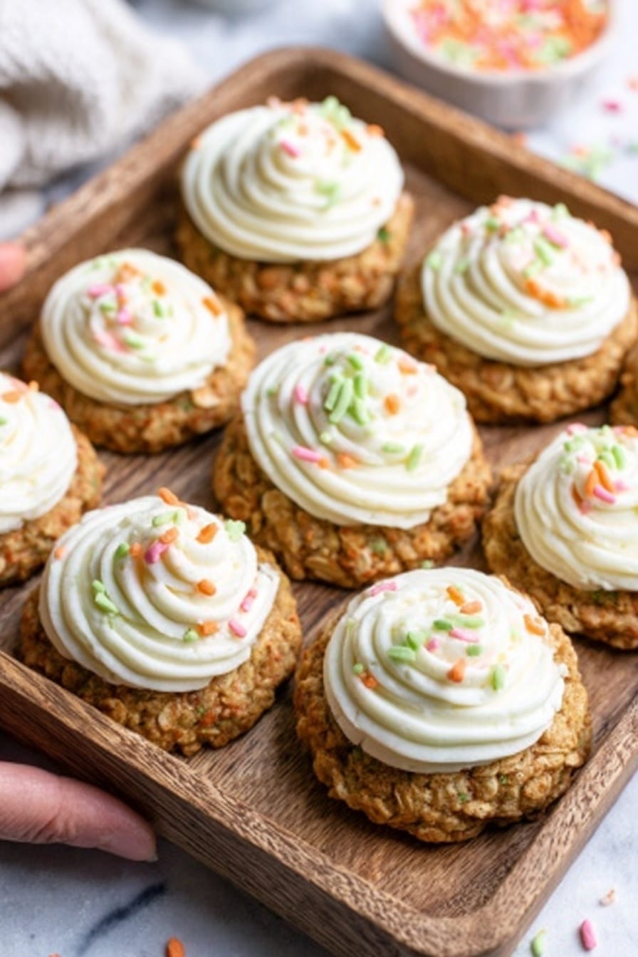 The image shows a wooden tray filled with round oatmeal cookies, each topped with a thick swirl of white frosting. The frosting is smooth and creamy, decorated with small colorful sprinkle bits in light green, orange, and pink. The cookies have a rough, bumpy texture with visible oats and a golden-brown color. The background is a white marbled surface, and a woman's hand is holding the tray from one side. photo taken with an iphone --ar 2:3 --v 7 - Carrot Cake Cookies with Cream Cheese Frosting, carrot cake cookie recipe, easy carrot cake cookies, homemade carrot cookie treats, moist carrot cake cookies