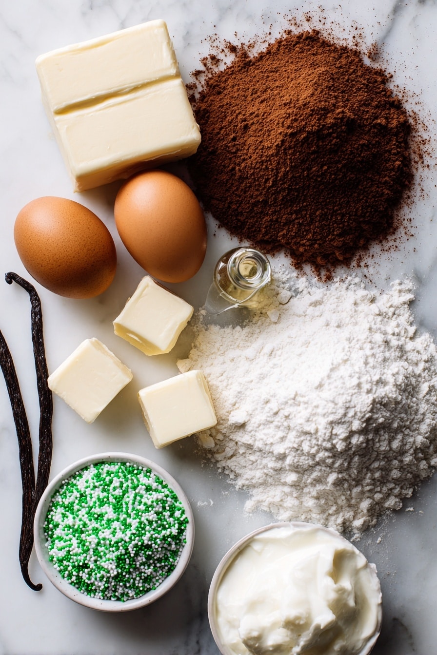 Flat lay of rich unsweetened cocoa powder in a small heap, smooth unsalted butter blocks, two large brown eggs, a mound of white granulated sugar, a vanilla bean pod alongside a small glass vial of vanilla extract, a neat pile of all-purpose flour, and a small bowl of glossy white cookie icing with green sprinkles scattered around, all beautifully arranged on a white marble surface, photo taken with an iphone --ar 2:3 --v 7 - Football Cookies Chocolate Cookies Football-themed Cookies Easy Football Cookies Football Party Dessert