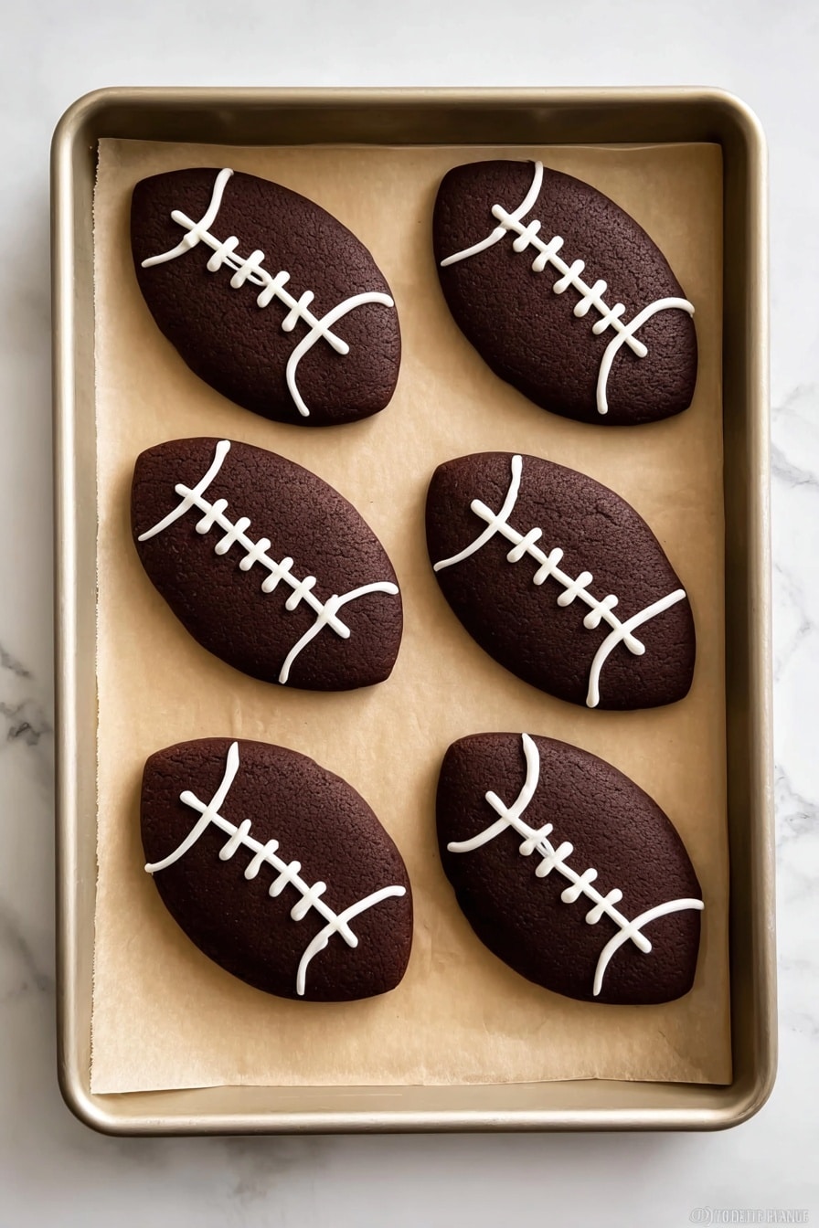 Six dark brown football-shaped cookies lie on light brown parchment paper inside a light-colored baking tray. Each cookie has white icing details: two curved lines near the short ends and five short straight lines crossing a central horizontal line in the middle, resembling football stitches. The tray sits on a white marbled surface. photo taken with an iphone --ar 2:3 --v 7 - Football Cookies Chocolate Cookies Football-themed Cookies Easy Football Cookies Football Party Dessert