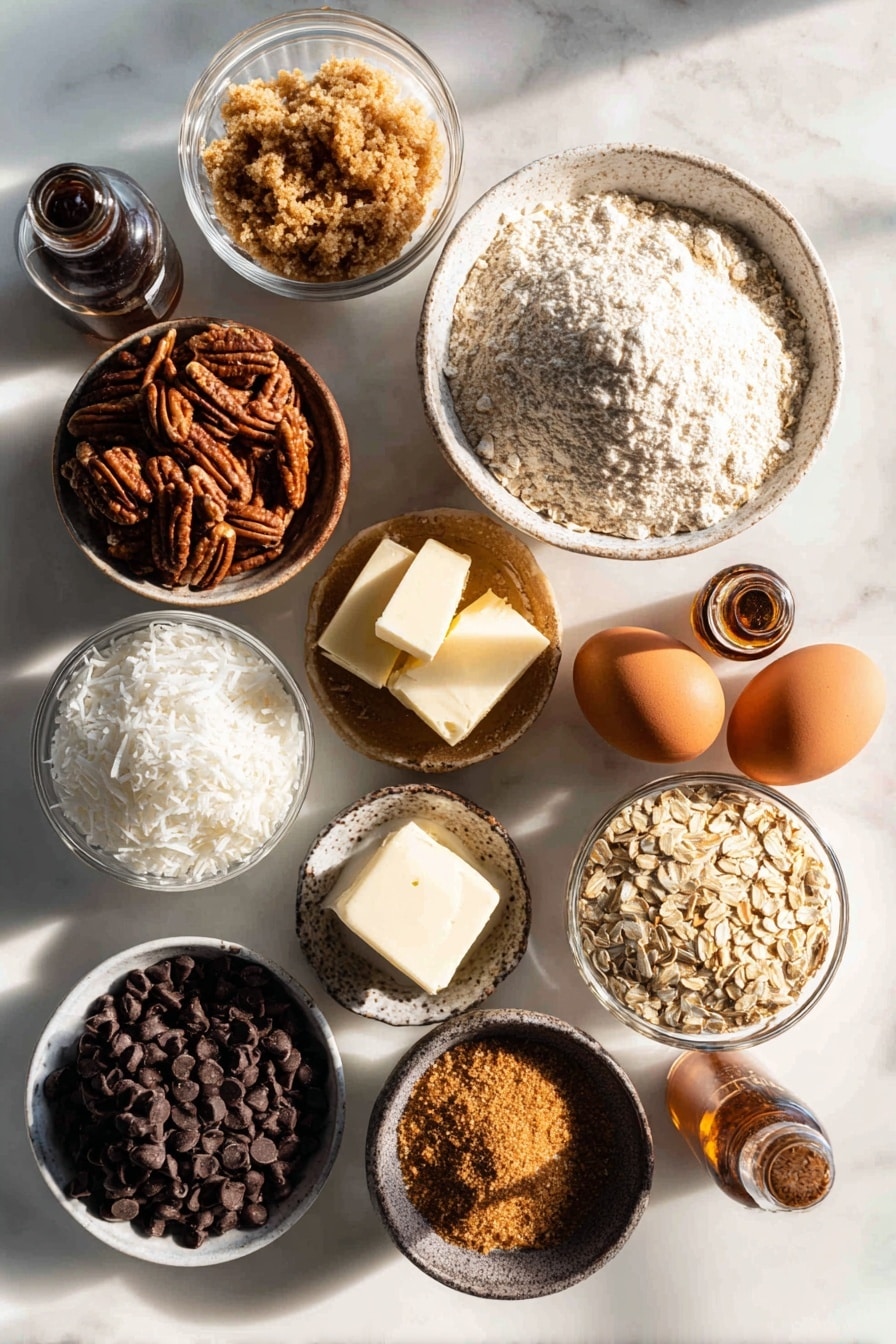 Flat lay of coarsely chopped pecans, sweetened shredded coconut, old-fashioned rolled oats, heaping piles of dark brown sugar and granulated sugar, chunks of softened unsalted butter, large brown eggs, glossy semisweet and milk chocolate chips mixed together, and small glass bottles of vanilla extract and ground cinnamon, all beautifully arranged with natural light and soft shadows, placed on a white marble surface, photo taken with an iphone --ar 2:3 --v 7 - Cowboy Cookies, Cowboy Cookies recipe, oatmeal coconut pecan chocolate chip cookies, chewy crunchy cookies, easy cookie recipes