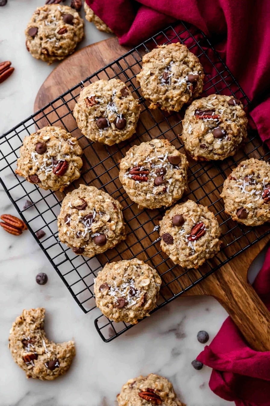 The image shows a group of round oatmeal cookies placed on a black wire cooling rack over a wooden board that rests on a white marbled surface. Each cookie is light brown with a rough, chewy texture and is topped with dark brown chocolate chips, small bits of pecans, and white coconut flakes sprinkled across them. One cookie in the bottom left corner has a bite taken from it revealing the inside. A deep red cloth is partly visible in the top right corner, adding a warm contrast to the scene. Small pieces of broken pecans and scattered chocolate chips can be seen around the cookies adding more detail. photo taken with an iphone --ar 2:3 --v 7 - Cowboy Cookies, Cowboy Cookies recipe, oatmeal coconut pecan chocolate chip cookies, chewy crunchy cookies, easy cookie recipes