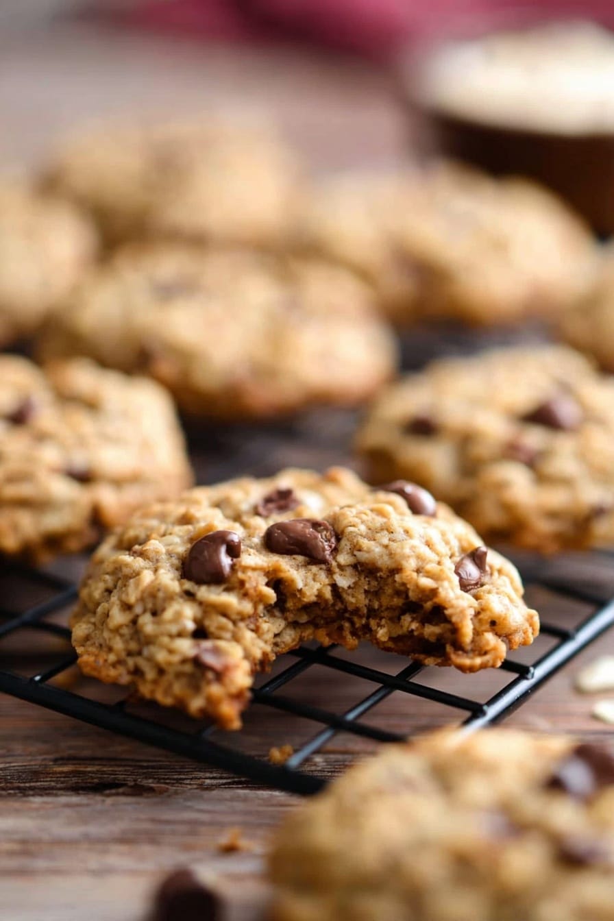 A close-up image of several oatmeal cookies with chocolate chips resting on a black wire cooling rack over a wooden surface, with one cookie in the front partially eaten showing its dense, chewy texture inside, light golden brown color, and visible oats and chocolate chips on top; the background is softly blurred, highlighting the cookies. photo taken with an iphone --ar 2:3 --v 7 - Cowboy Cookies, Cowboy Cookies recipe, oatmeal coconut pecan chocolate chip cookies, chewy crunchy cookies, easy cookie recipes