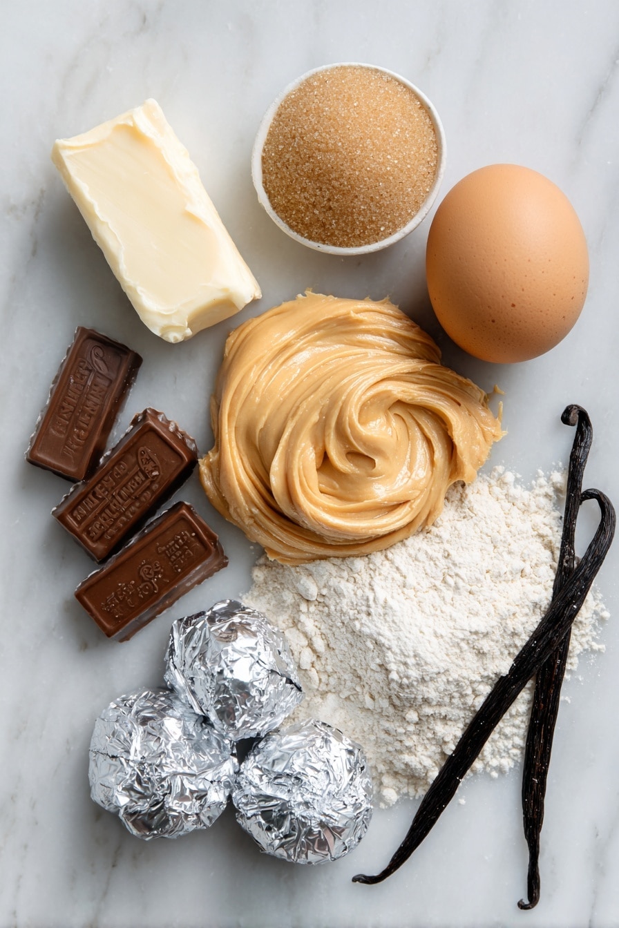 Flat lay of creamy peanut butter smooth and rich in texture, softened unsalted butter with a pale yellow hue, granulated sugar sparkling like tiny crystals, packed light brown sugar with its deep caramel color, a single large egg with a smooth shell, vanilla beans split open to reveal tiny black seeds, all-purpose flour in a small neat pile showing its fine texture, and unwrapped Hershey’s chocolate kisses with their shiny silver foil partially peeled back, placed on a white marble surface, photo taken with an iphone --ar 2:3 --v 7 - Peanut Butter Blossom Cookies, peanut butter cookies with chocolate kisses, easy peanut butter cookie recipe, classic blossom cookies, chocolate kiss cookies