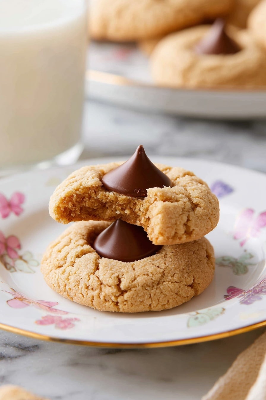 Two round peanut butter cookies with a cracked, slightly crumbly light brown surface sit stacked on a white plate decorated with small colorful butterflies and a thin gold rim; the cookie on top has a bite taken out of it, revealing a soft inside, and both cookies have a large, smooth, dark brown chocolate kiss shape pressed into their centers. In the background, a blurred glass of white milk and another plate with similar cookies are visible, all placed on a white marbled surface. Photo taken with an iphone --ar 2:3 --v 7 - Peanut Butter Blossom Cookies, peanut butter cookies with chocolate kisses, easy peanut butter cookie recipe, classic blossom cookies, chocolate kiss cookies