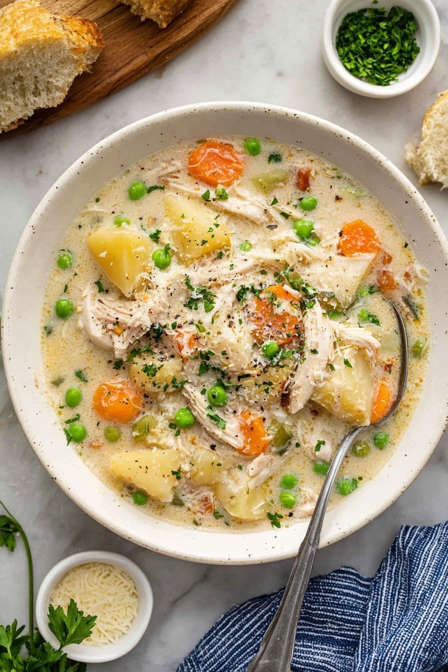 A white bowl filled with creamy chicken soup sits on a white marbled surface. The soup has layers of white shredded chicken, bright orange carrot slices, and vibrant green peas mixed with chunks of pale potatoes, all covered in a thick, light beige broth. There are small bits of green herbs sprinkled on top for color. A silver spoon rests inside the bowl with some soup on it. Around the bowl, there are white small dishes holding grated cheese and green chopped herbs, along with fresh parsley on the side and a piece of bread placed on a wooden surface. A blue and white striped cloth is partially visible near the bowl. Photo taken with an iphone --ar 2:3 --v 7 - Slow Cooker Garlic Parmesan Chicken Stew, creamy chicken stew, easy slow cooker dinner, hearty chicken and veggie stew, comfort food recipes