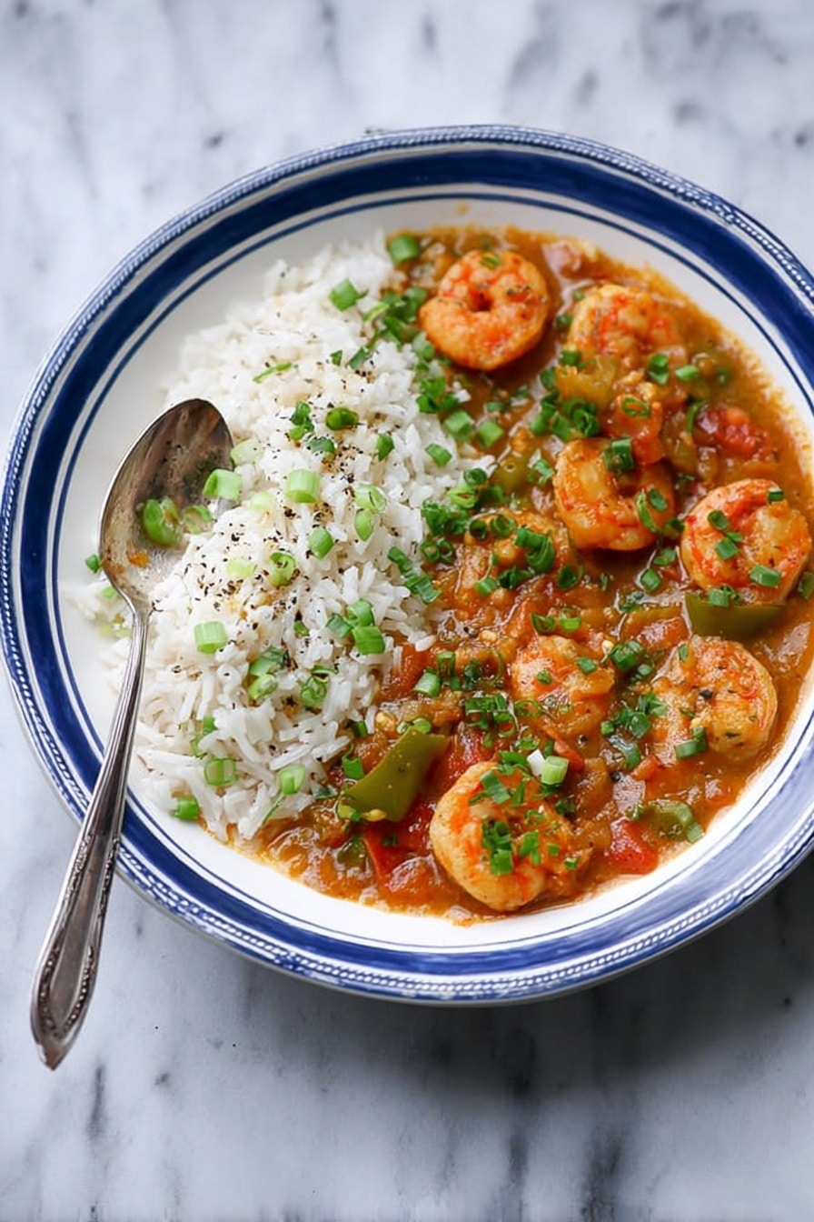 A white bowl with a blue rim holds a dish separated into two parts: on the left side, there is a layer of white rice, sprinkled with small green onion pieces and black pepper, and on the right side, a thick orange-brown shrimp stew with visible whole shrimp, slices of green bell pepper, and tomato chunks, topped with chopped green onions and herbs. A silver spoon rests on the rice, partly submerged. The bowl is placed on a white marbled surface. Photo taken with an iphone --ar 2:3 --v 7 - New Orleans Gumbo with Shrimp and Sausage, authentic gumbo recipe, Louisiana gumbo, seafood sausage gumbo, spicy Cajun gumbo