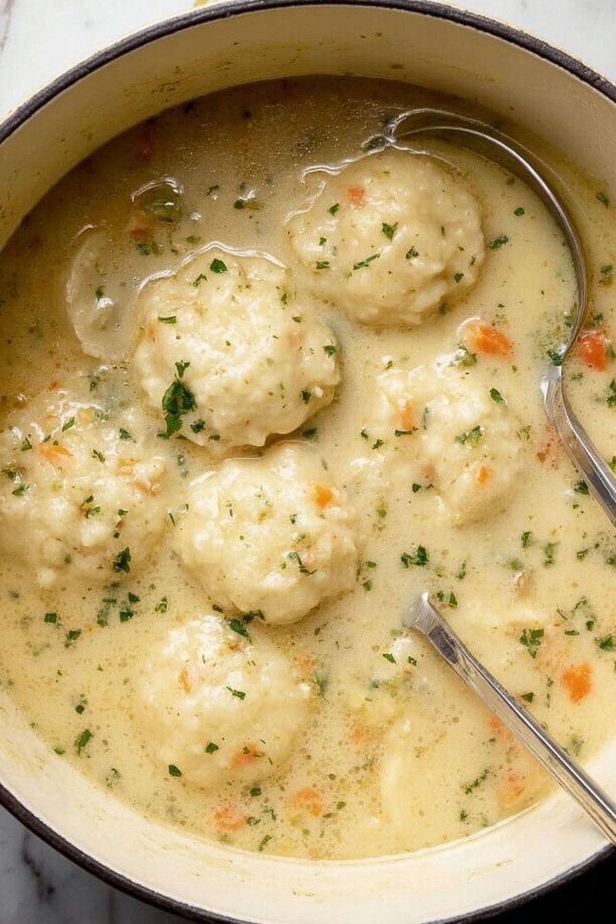 The image shows a white pot filled with a creamy soup that has large, round, pale dumplings floating on the surface. The soup is light beige with small green herbs and tiny orange vegetable pieces scattered throughout. There are two silver spoons placed inside the pot, partially submerged in the soup. The texture of the dumplings looks soft and slightly lumpy, and the broth appears thick and smooth. The background is a white marbled surface. photo taken with an iphone --ar 2:3 --v 7 - Easy Homemade Chicken and Dumplings, homemade chicken and dumplings, 6-ingredient chicken soup, hearty comfort food recipe, simple chicken and dumplings