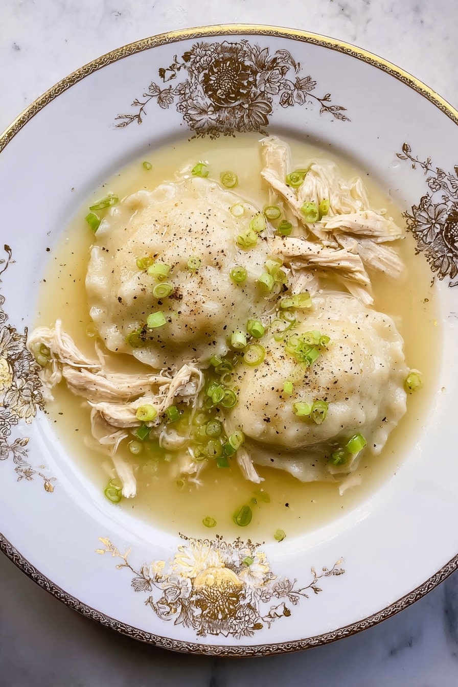 A white plate with gold floral designs holds two large, white dumplings covered in a light, clear broth with a slight yellow tint. Surrounding the dumplings are several pieces of shredded chicken with a soft texture and pale beige color. The broth is sprinkled with small green onion slices and a light dusting of black pepper, adding tiny specks of green and black over the dish. The plate sits on a white marbled surface. Photo taken with an iphone --ar 2:3 --v 7 - Easy Homemade Chicken and Dumplings, homemade chicken and dumplings, 6-ingredient chicken soup, hearty comfort food recipe, simple chicken and dumplings