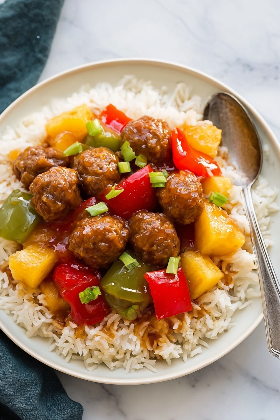 A white plate is filled with a layer of cooked white rice spread evenly, topped with a mix of small round brown meatballs, and chunks of red, yellow, and green bell peppers along with yellow pineapple pieces. The ingredients are covered in a shiny brown sauce giving a glazed look. The plate rests on a white marbled surface, and a silver spoon is placed on the right side of the plate. photo taken with an iphone --ar 2:3 --v 7 - Sweet and Sour Crockpot Meatballs, Crockpot Meatballs with Pineapple, Easy Sweet and Sour Meatballs, Slow Cooker Meatball Appetizer, Tangy Meatballs for Parties