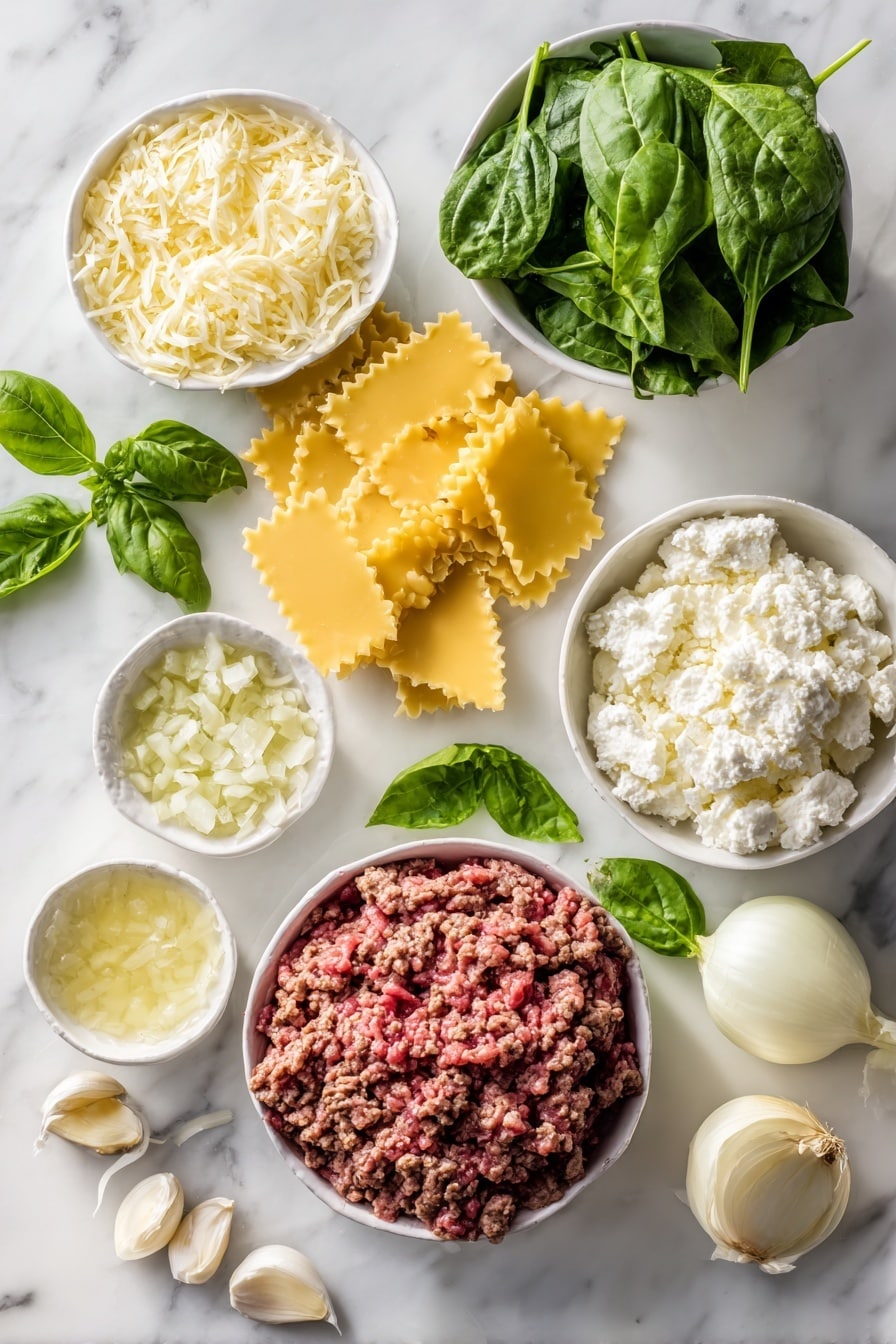 Flat lay of lean ground beef, finely diced yellow onion, minced garlic cloves, bright fresh spinach leaves, broken pieces of uncooked lasagna noodles, shredded mozzarella cheese, creamy cottage cheese, grated Parmesan cheese, and fresh basil leaves, all beautifully arranged on a white marble surface, photo taken with an iphone --ar 2:3 --v 7 - Crockpot Lasagna, slow cooker lasagna recipe, easy crockpot lasagna, homemade crockpot lasagna, hearty lasagna in slow cooker