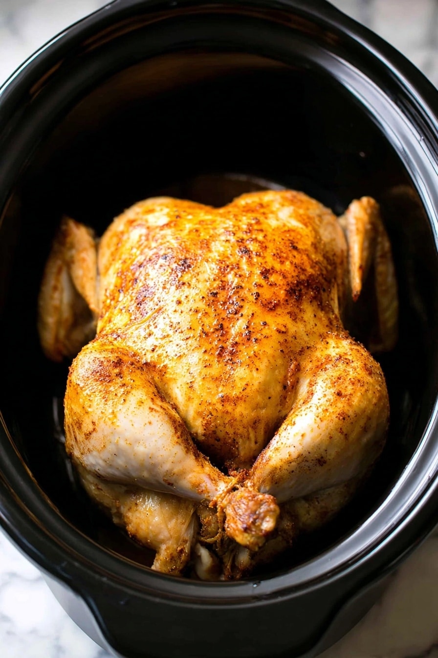 The image shows a whole cooked chicken with a golden brown and slightly crispy skin, seasoned with a light dusting of spices that create a pattern of darker and lighter spots. The chicken is placed inside a black slow cooker pot, which contrasts against the white marbled surface beneath it. The chicken's legs and wings are slightly spread out, and the skin looks smooth and moist. The overall look is warm and inviting, highlighting the cooked chicken as the main focus. photo taken with an iphone --ar 2:3 --v 7 - Slow Cooker Whole Chicken with Spice Rub and Crispy Skin, flavorful slow cooker chicken recipe, juicy roasted chicken, easy chicken dinner ideas, crispy skin chicken
