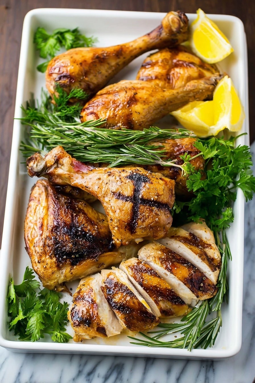 A white rectangular tray holds two cooked chicken legs at the top left, one wing at the bottom left, and several slices of golden-brown roasted chicken breast arranged in the center and right. The chicken skin is crispy with dark brown grill marks. Fresh green herbs like parsley and rosemary are placed around the chicken, adding contrast to the warm tones. There are also a few bright yellow lemon wedges on the top right corner. The tray is set on a white marbled surface. Photo taken with an iphone --ar 2:3 --v 7 - Slow Cooker Whole Chicken with Spice Rub and Crispy Skin, flavorful slow cooker chicken recipe, juicy roasted chicken, easy chicken dinner ideas, crispy skin chicken