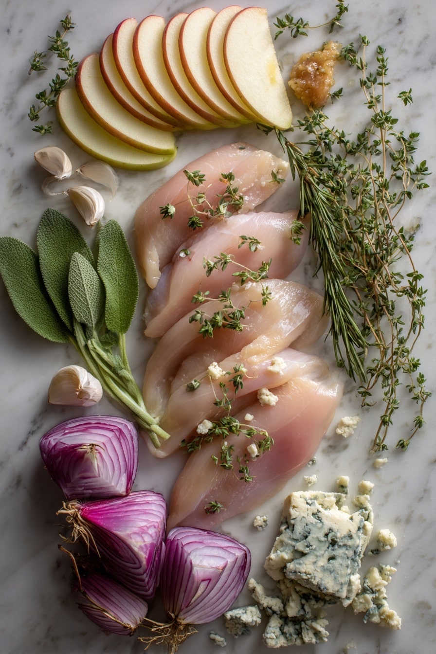 Flat lay of thin slices of prosciutto arranged alongside crisp Honeycrisp apple wedges, fresh green sage leaves, halved shallots with their purple skin, whole garlic cloves with papery skins, sprigs of fresh rosemary and thyme, crumbled blue cheese, and a dollop of smooth apple butter, all beautifully spread out with vibrant colors and natural textures, placed on a white marble surface, photo taken with an iphone --ar 2:3 --v 7 - Prosciutto Apple and Sage Butter Chicken with Cider Pan Sauce, apple chicken recipes, savory prosciutto chicken, fall dinner ideas, easy gourmet chicken dishes