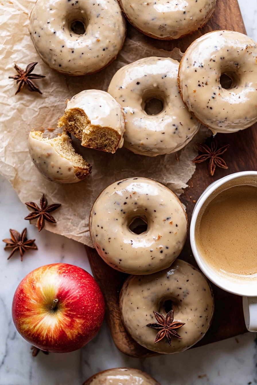 The image shows several round donuts with a light tan glaze that has small dark specks, arranged on a wooden board with some parchment paper. The donuts have a smooth, shiny top layer of glaze and a soft, spongy cake underneath that is a darker tan color. Some donuts are whole, while others are broken to show the crumbly inside texture with visible small chunks. Among the donuts is a red and yellow apple and a white ceramic cup filled with light brown coffee, garnished with two star anise pieces. The entire scene is set on a white marbled texture background. photo taken with an iphone --ar 2:3 --v 7 - Baked Apple Cider Doughnuts with Cinnamon Maple Glaze, apple cider doughnuts, baked fall donuts, cinnamon maple glaze recipe, homemade apple donuts