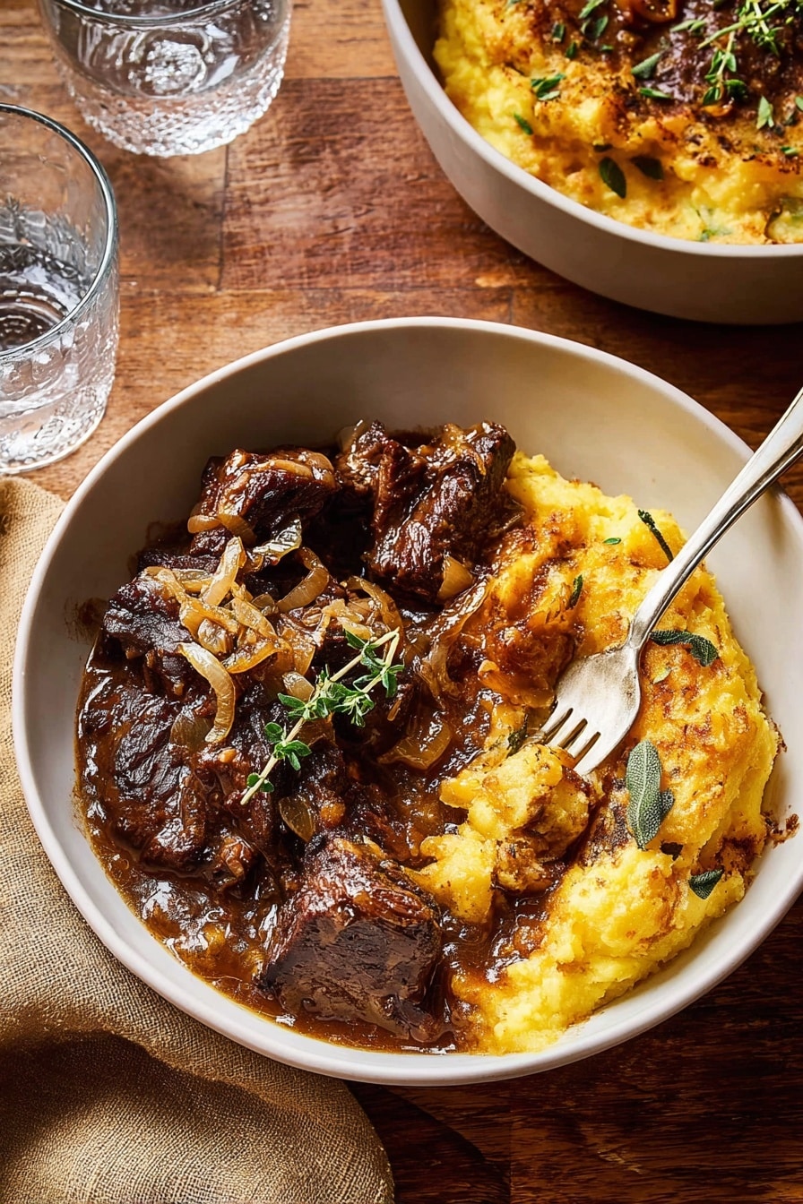 A white bowl holds two main layers: on one side, dark brown chunks of slow-cooked meat with a glossy, thick brown sauce and caramelized onion pieces scattered on top, garnished with small sprigs of green thyme; on the other side, a golden yellow mashed or baked potato layer with crispy, slightly burnt edges and some green sage leaves mixed in. A silver fork rests on the potato side, partially digging into it. The bowl is placed on a wooden table, with a tan cloth napkin just beneath. Another white bowl with more of the golden potato layer is partially visible at the top right corner, and two clear glasses with water are in the upper left. The photo taken with an iphone --ar 2:3 --v 7 - Cider Braised Pot Roast with Crispy Sage Potatoes, hearty beef stew with apple cider, fall comfort food recipes, slow braised beef with sage potatoes, cozy wintry dinner ideas