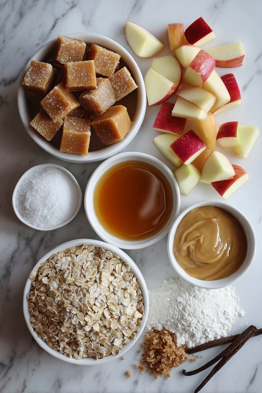 Flat lay of rich golden caramel chunks, glistening maple syrup, soft brown sugar crystals, fresh diced honeycrisp apple pieces with red and yellow skin, plump old fashioned oats, smooth vanilla beans, creamy browned butter with a warm amber hue, and a dusting of powdered sugar, all beautifully arranged on a white marble surface, photo taken with an iphone --ar 2:3 --v 7 - Iced Apple Cider Caramel Oatmeal Cookies, fall-flavored oatmeal cookies, caramel apple cookies, cozy autumn cookie recipe, easy fall cookie ideas