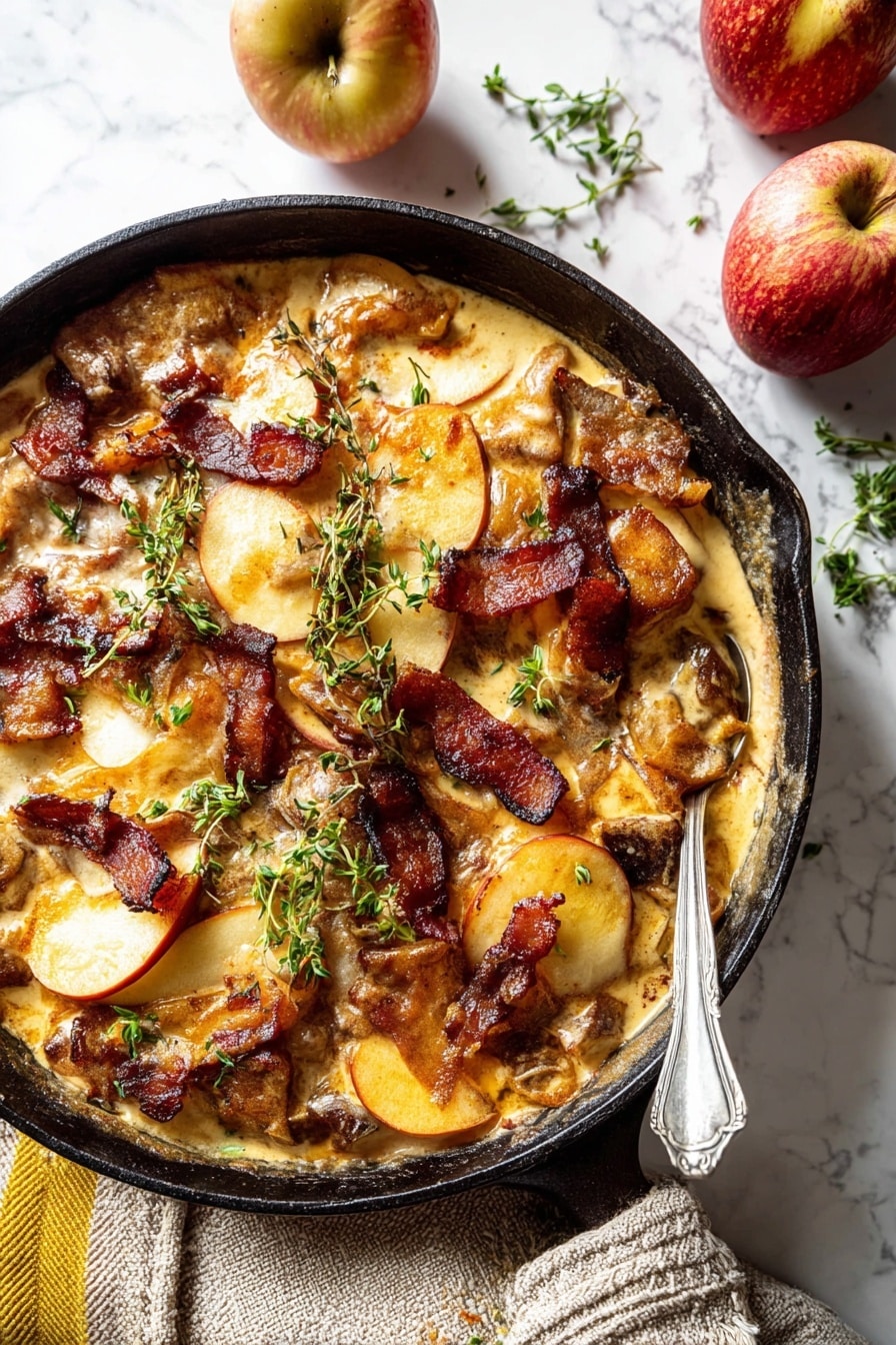 A black cast iron pan filled with a rich layered dish starting with golden brown cooked meat pieces, topped unevenly with light golden creamy sauce with a slightly thick texture, scattered with soft cooked apple slices showing pale yellow skin and light brown edges, and crunchy dark red-brown crispy bacon strips placed on top. Fresh green herb sprigs are garnished on the dish. The pan sits on a white marbled surface, near two whole apples and a textured beige cloth with a yellow stripe. A silver spoon rests inside the pan near the edge. Photo taken with an iphone --ar 2:3 --v 7 - Apple Cider Smothered Chicken, Apple Cider Chicken Recipe, Cozy Chicken Dinner, Easy One-Pan Chicken, Fall Comfort Food