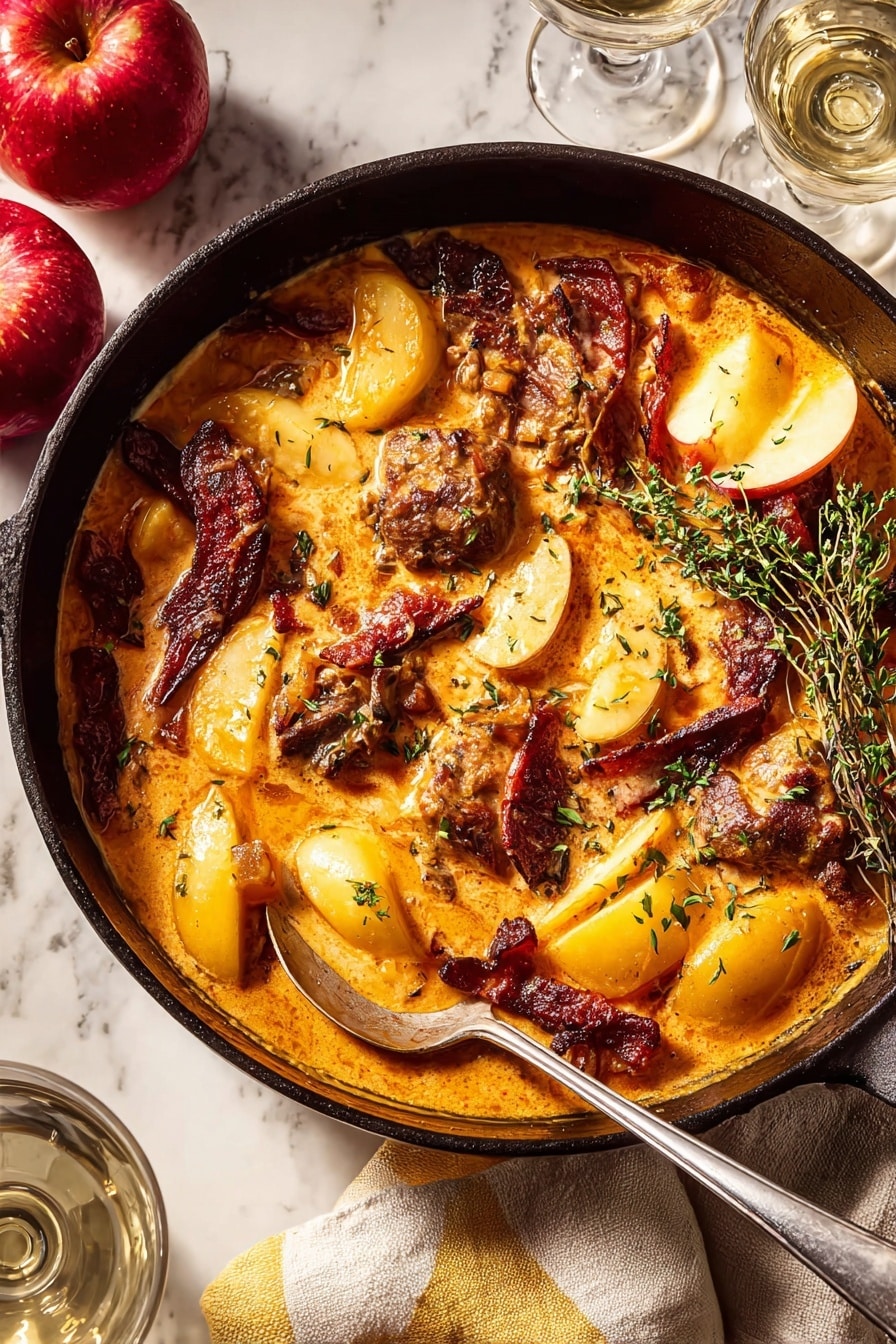 A black cast iron pan holds a rich, creamy orange sauce layered with golden-brown cooked pieces of meat and soft, light yellow apple slices. Crispy, dark reddish-brown strips are scattered on top, adding texture. Small green fresh herb sprigs rest on the dish, providing contrast. A metal spoon with a long handle is placed inside the pan, partially submerged in the sauce. The pan sits on a white marbled surface with a bright red apple and green herb sprigs nearby, alongside two glasses casting light reflections. A beige cloth with a yellow stripe is partly visible at the bottom edge of the image. Photo taken with an iphone --ar 2:3 --v 7 - Apple Cider Smothered Chicken, Apple Cider Chicken Recipe, Cozy Chicken Dinner, Easy One-Pan Chicken, Fall Comfort Food