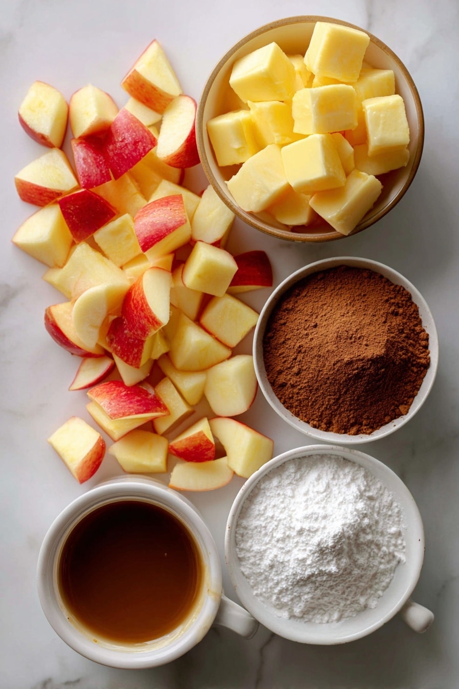Flat lay of vibrant chopped honeycrisp apples, golden melted butter glistening, warm cinnamon and granulated sugar mix, rich apple butter, smooth vanilla extract, delicate powdered sugar dusted lightly over the scene, and a small mound of instant coffee powder for subtle depth, all beautifully arranged in harmony on a white marble surface, photo taken with an iphone --ar 2:3 --v 7 - Shortcut Easy Apple Fritters, apple fritters using puff pastry, quick apple fritters, cinnamon apple bites, fall dessert recipes
