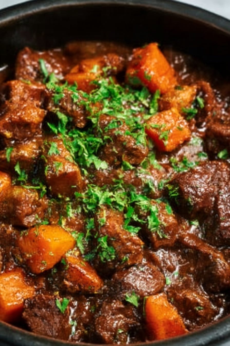 The image shows two white bowls filled with a layered dish. The bottom layer is smooth, creamy mashed potatoes, colored pale yellow. On top of the mashed potatoes, a thick stew with dark brown and reddish hues covers the surface, consisting of chunky pieces of tender meat, orange carrot slices, and small light brown potato cubes. Green chopped parsley is sprinkled over the stew, adding a fresh bright green contrast. A silver spoon rests inside the front bowl, with its handle pointing outward. The bowls sit on a white marbled surface with a white cloth nearby. photo taken with an iphone --ar 2:3 --v 7 - Slow Cooker Beef Stew with Rich Gravy, hearty beef stew, easy slow cooker recipes, comforting beef stew, flavorful beef stew recipes
