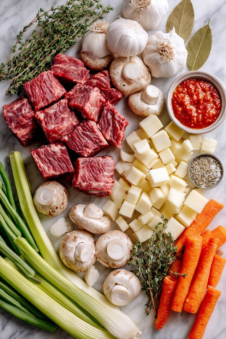 Flat lay of cubed beef chuck roast, whole quartered mushrooms, peeled and cubed celery root, peeled pearl onions, sliced celery ribs, roll-cut carrots, sliced garlic cloves, and a small dollop of rich tomato paste, all beautifully arranged in neat clusters with a few scattered dried thyme leaves and a single bay leaf, placed on a white marble surface, photo taken with an iphone --ar 2:3 --v 7 - Keto Beef Stew, low-carb beef stew, keto-friendly stew, hearty keto dinner, easy keto beef stew