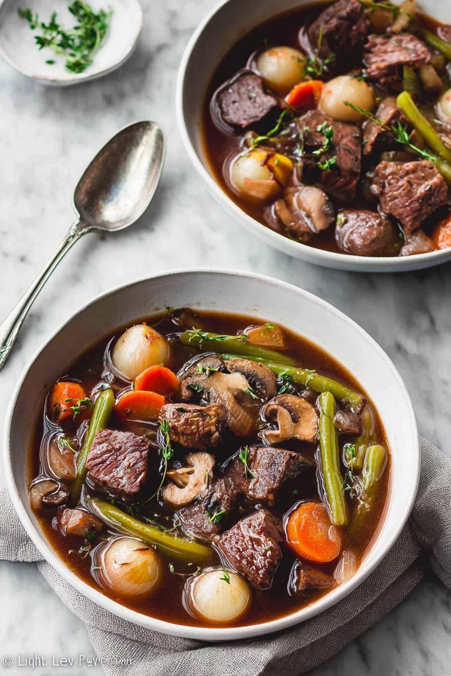 Two white shallow bowls sit on a white marbled surface, each filled with a rich beef stew. The stew shows large, chunky pieces of deep brown beef mixed with round pearl onions, green celery sticks, sliced mushrooms, orange carrot chunks, and green beans all soaked in a dark brown broth. Small green herb sprigs lie on top for garnish. A shiny silver spoon rests near the bowls on a light gray cloth. The whole scene is softly lit, showing steam rising from the hot stew. photo taken with an iphone --ar 2:3 --v 7 - Keto Beef Stew, low-carb beef stew, keto-friendly stew, hearty keto dinner, easy keto beef stew