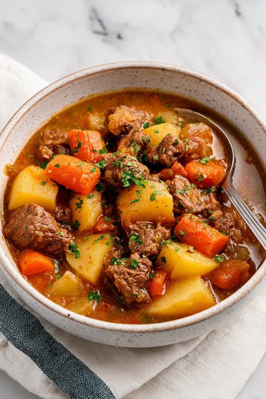 A white speckled bowl filled with thick beef stew, showing three layers: large chunks of brown beef, soft yellow potatoes, and bright orange carrots, all mixed in a rich brown gravy. Small green herbs are sprinkled on top, adding a fresh touch. A silver spoon rests on the right side inside the bowl. The bowl sits on a white marbled surface with a folded white and blue cloth partially under it. Photo taken with an iphone --ar 2:3 --v 7 - Hearty Braised Lamb Stew with Potatoes, Carrots, and Mushrooms, Lamb stew recipe, Slow braised lamb dish, Comforting beef and vegetable stew, Easy one-pot lamb recipes