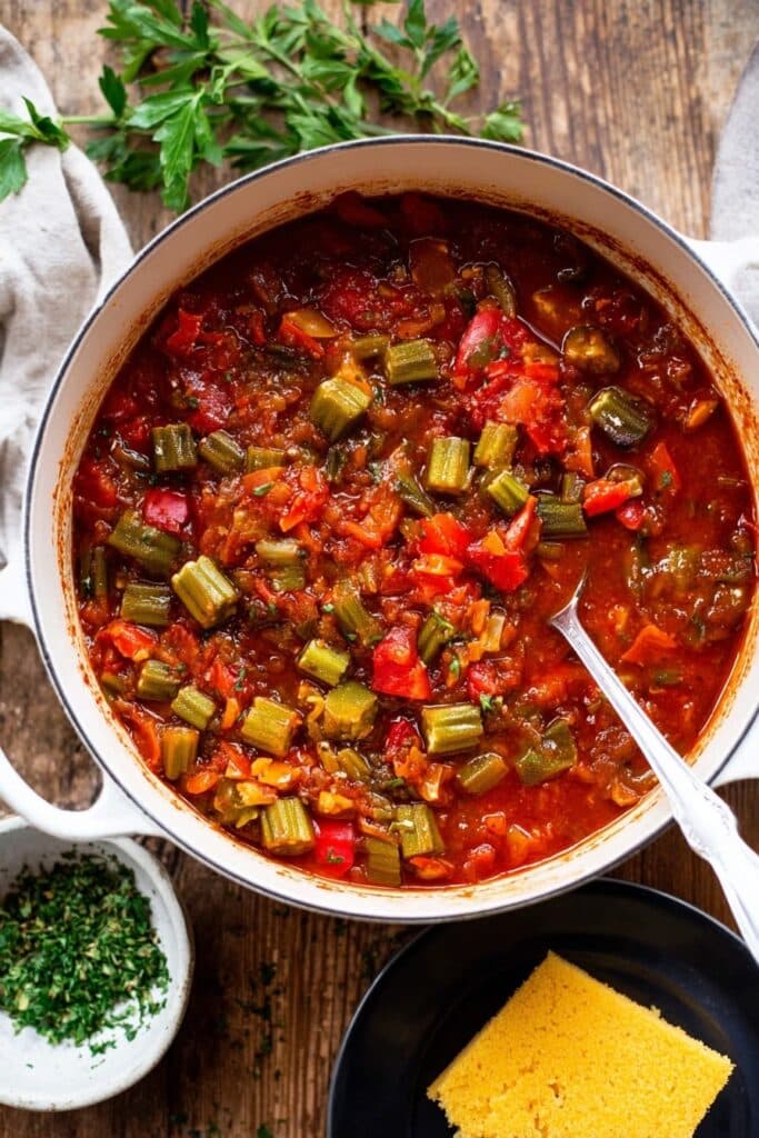 Stewed Okra and Tomatoes with Bacon and Thyme Recipe