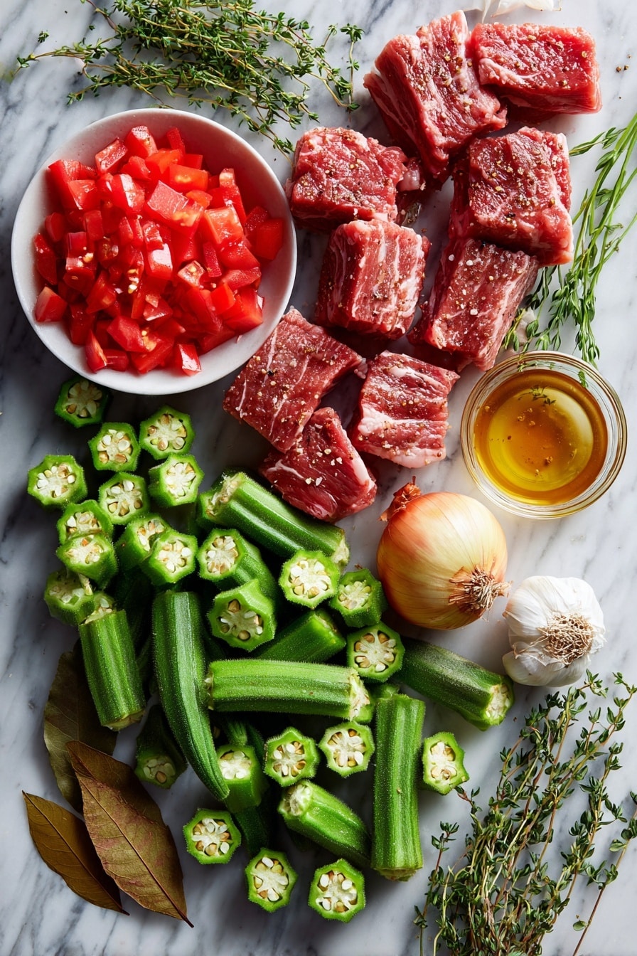 Flat lay of fresh okra pods sliced into rounds, bright red diced tomatoes with juicy seeds visible, thick-cut raw bacon strips with marbled fat, a small shiny Vidalia onion whole and halved to show the layers, garlic cloves peeled and unpeeled, sprigs of fresh green thyme leaves, a dried bay leaf with its textured surface, and a small bowl of golden apple cider vinegar droplets, placed on a white marble surface, photo taken with an iphone --ar 2:3 --v 7 - Stewed Okra and Tomatoes with Bacon and Thyme, Okra and Tomato Side Dish, Southern Okra Tomatoes Bacon, Easy Okra and Tomato Recipe, Comfort Food with Bacon